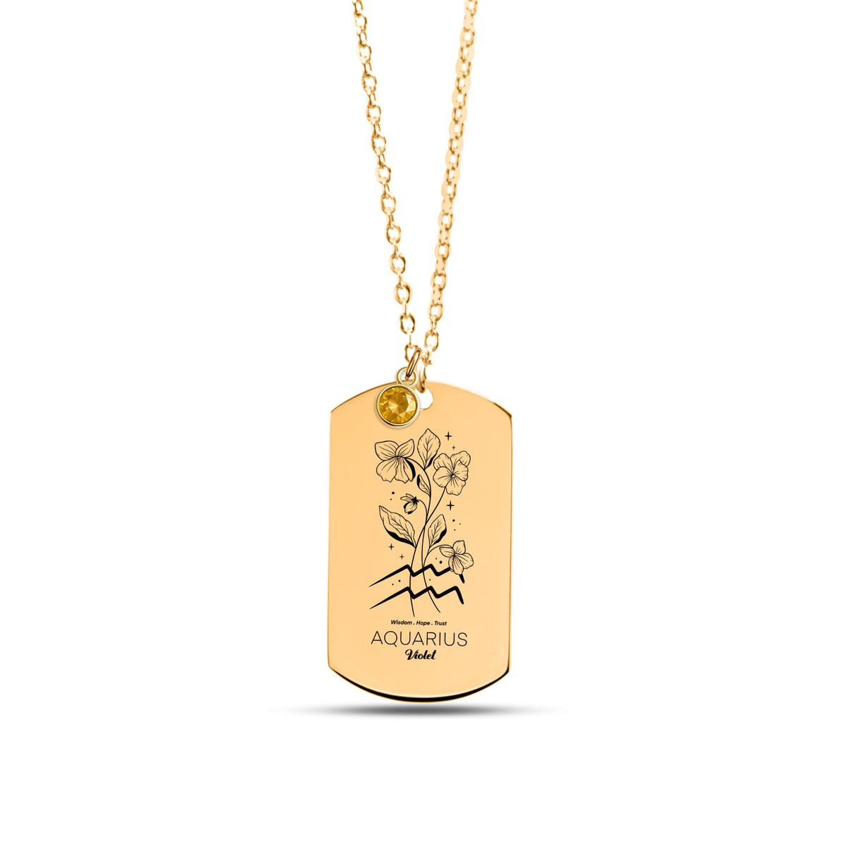 Aquarius Birth Flower Necklace, Tag Necklace with Birthstone by OwnPrint