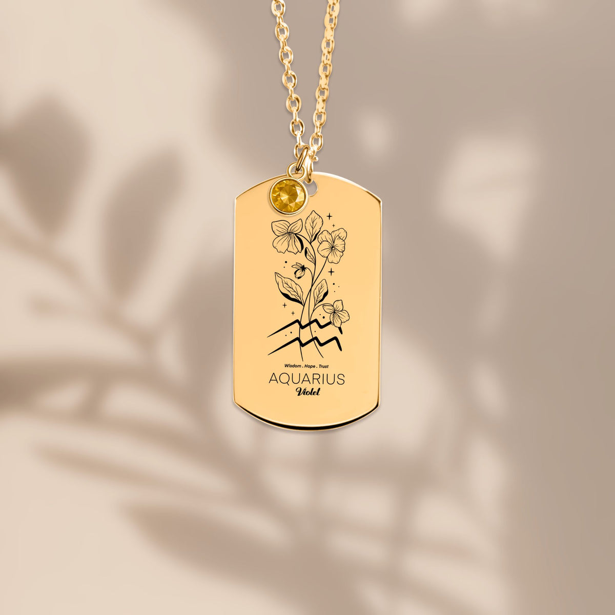 Aquarius Birth Flower Necklace, Tag Necklace with Birthstone by OwnPrint