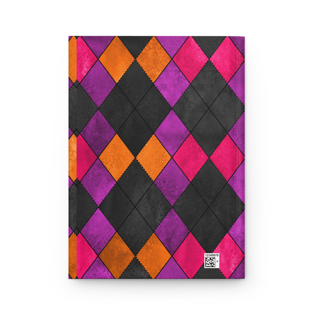 A notebook with a vibrant geometric harlequin diamond pattern in black, purple, orange, and hot pink, featuring a small white 'Piquadro' brand label in the bottom right corner.