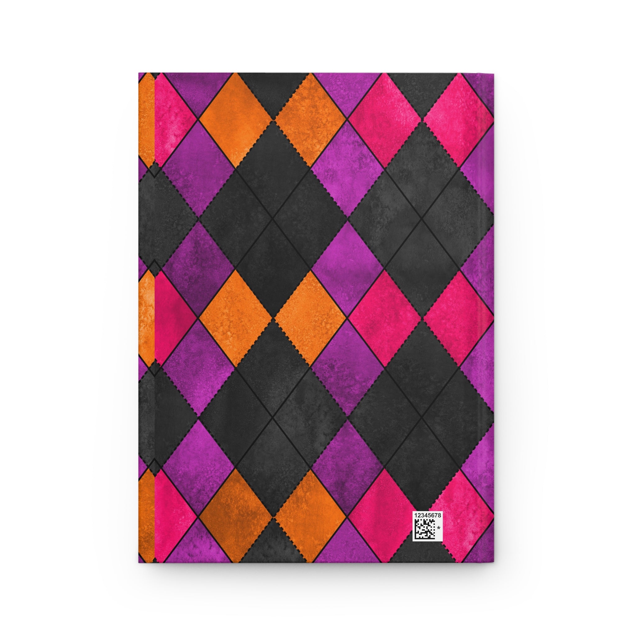 A notebook with a vibrant geometric harlequin diamond pattern in black, purple, orange, and hot pink, featuring a small white 'Piquadro' brand label in the bottom right corner.