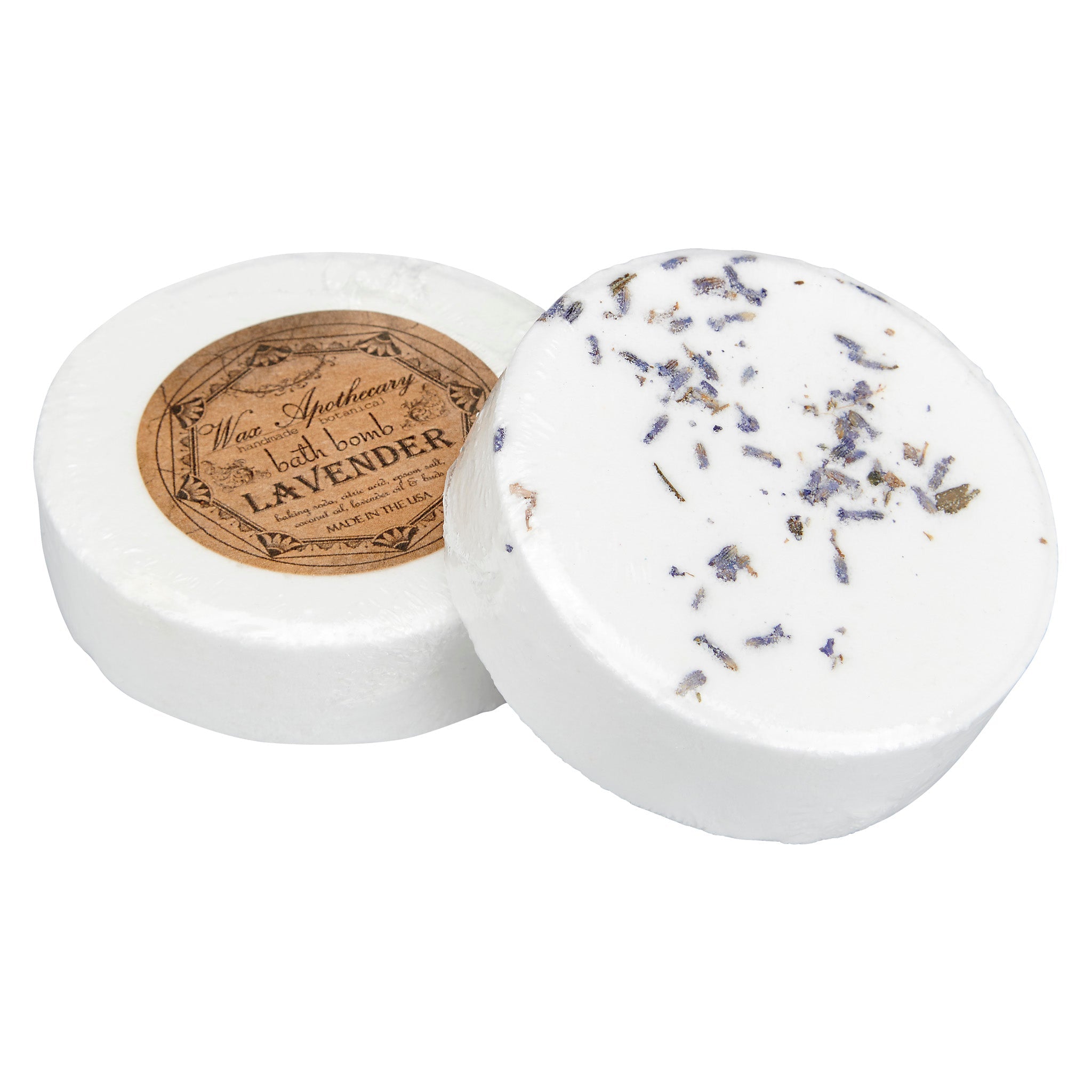 Two white bath bombs with lavender on a white background