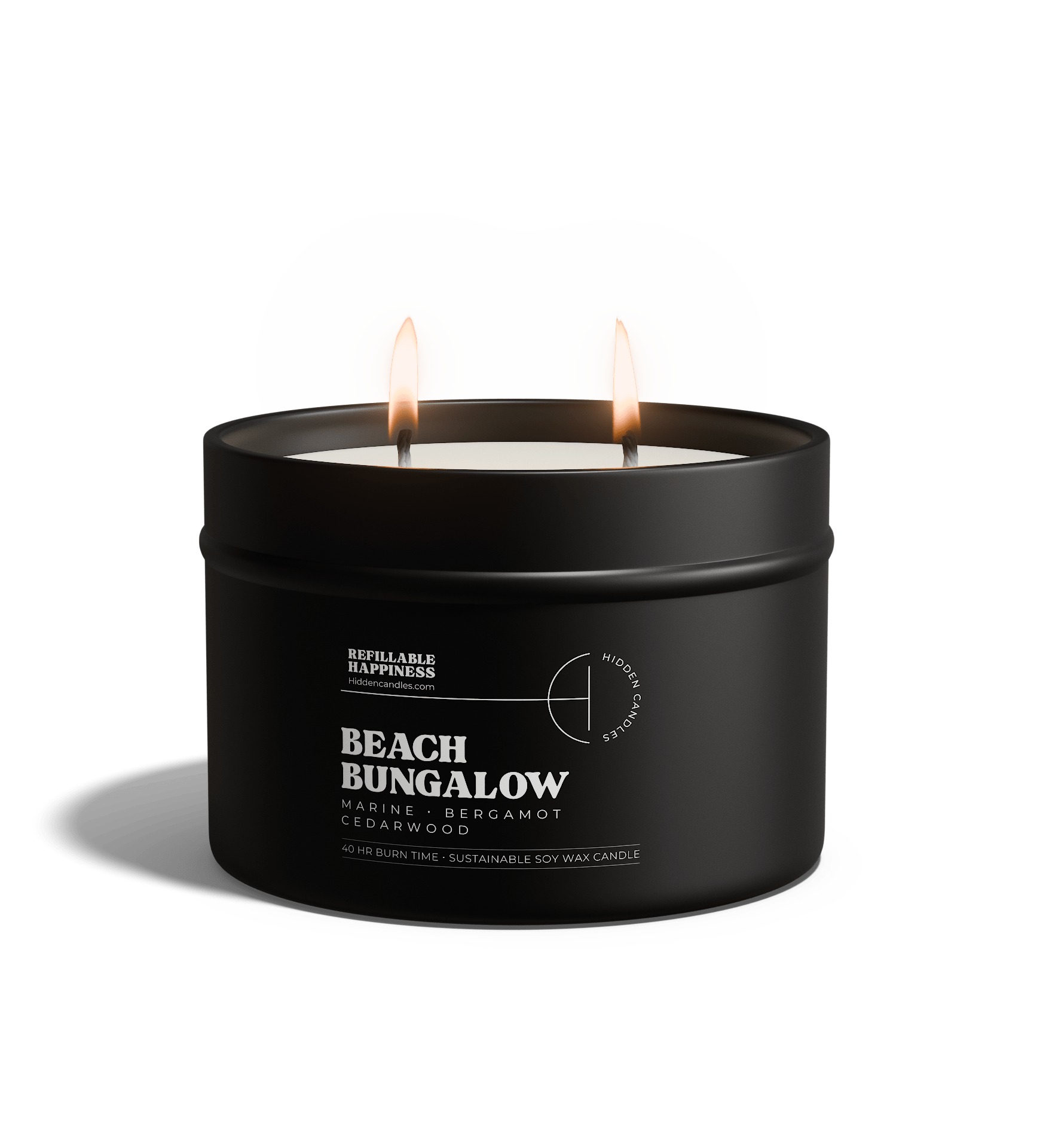 Black candle tin labeled 'Beach Bungalow' with two lit candles on a white background