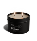 Black candle in a tin labeled 'Vineyard Estate' with a white lid on a transparent background