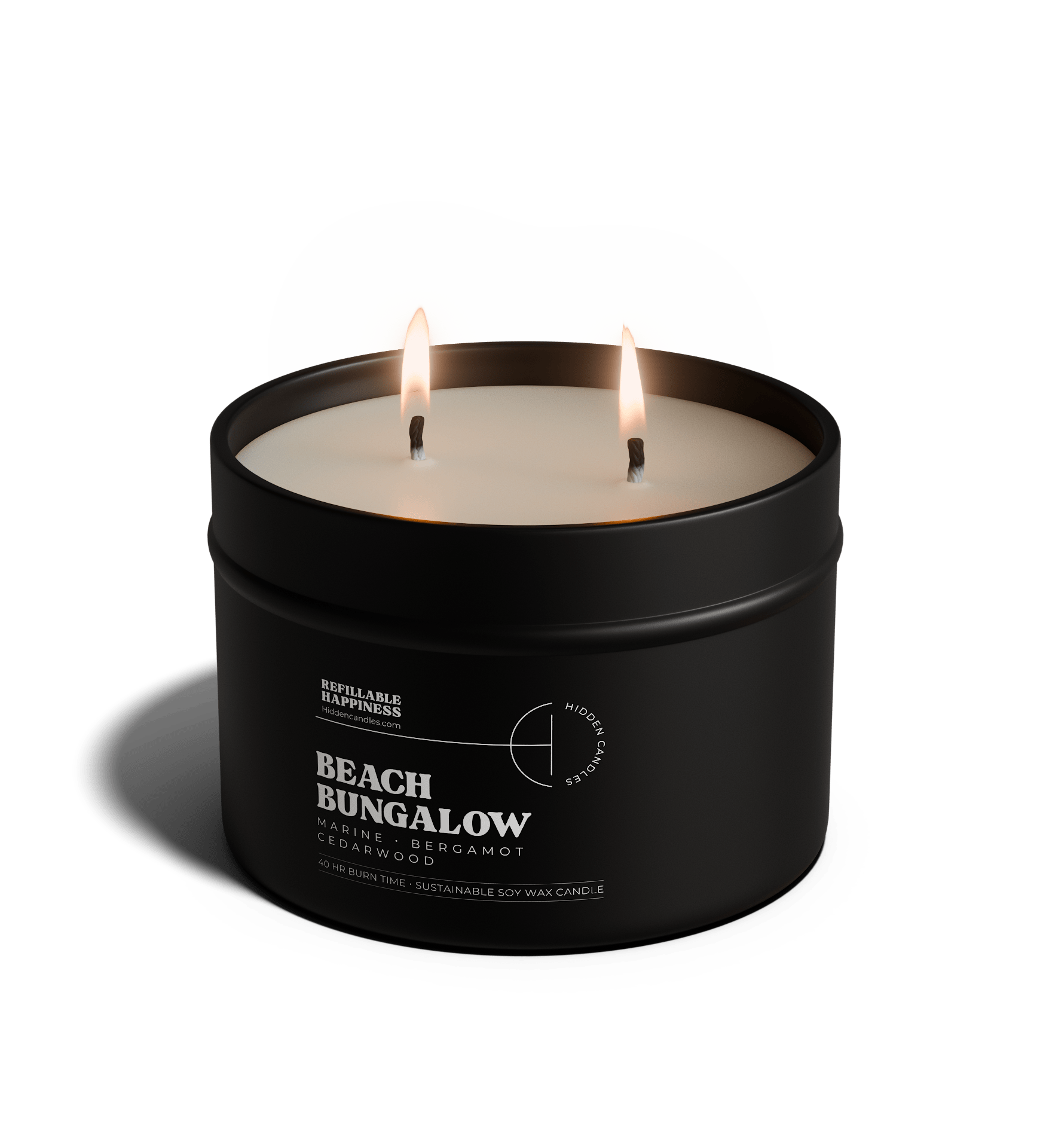 Black candle in a tin labeled 'Vineyard Estate' with a white lid on a transparent background