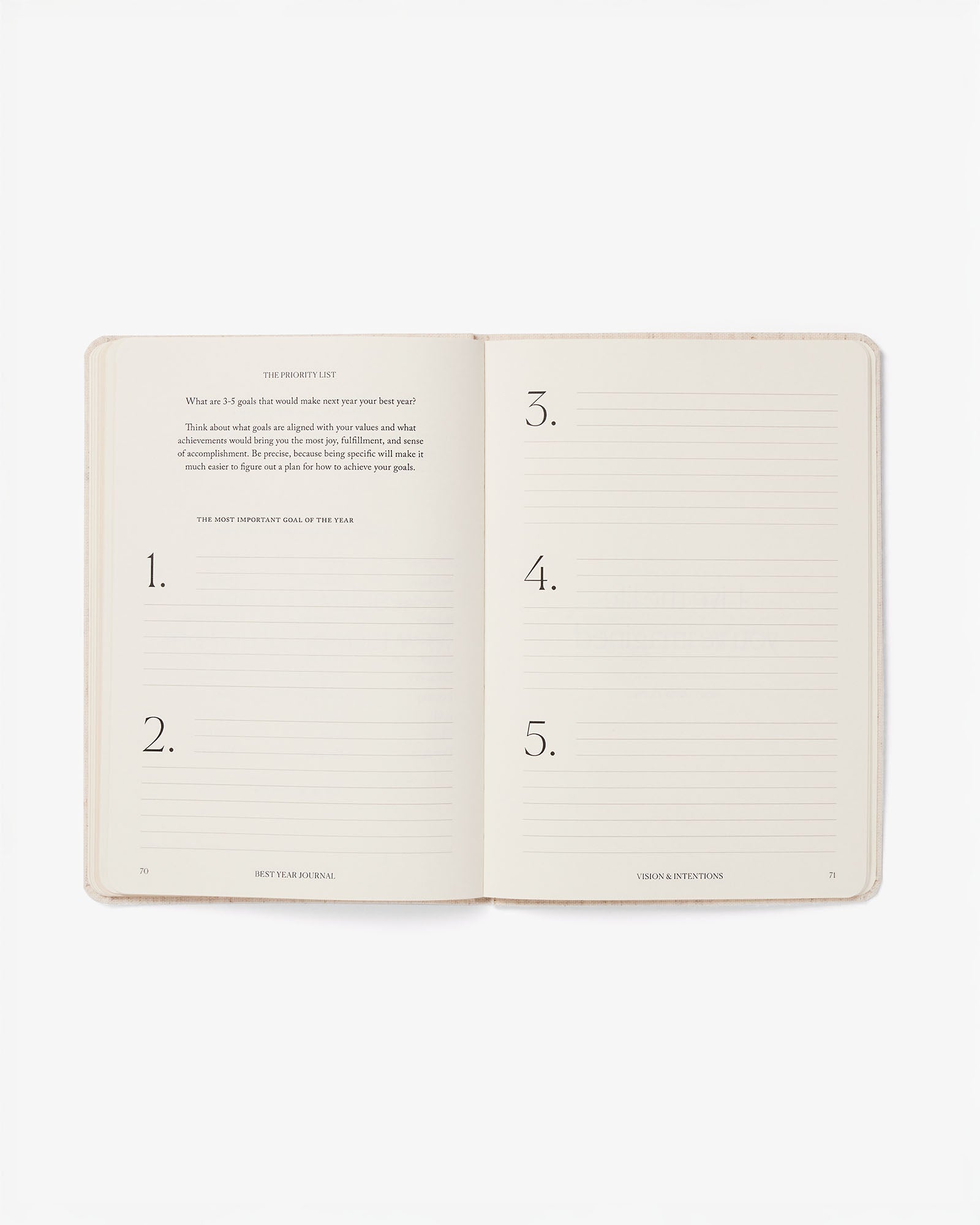 Open notebook with numbered pages on a white background