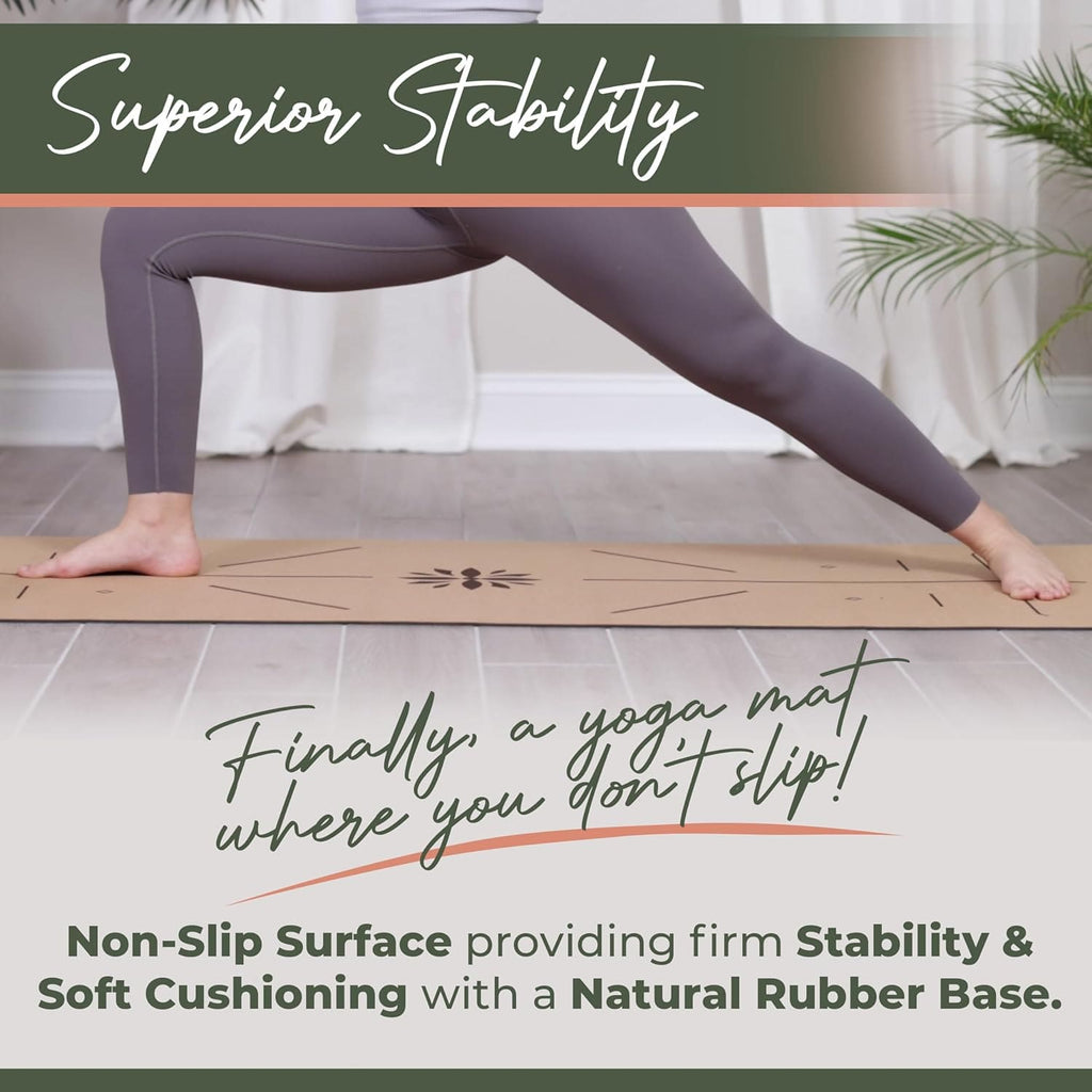 Person practicing yoga on a non-slip yoga mat with text highlighting its features.