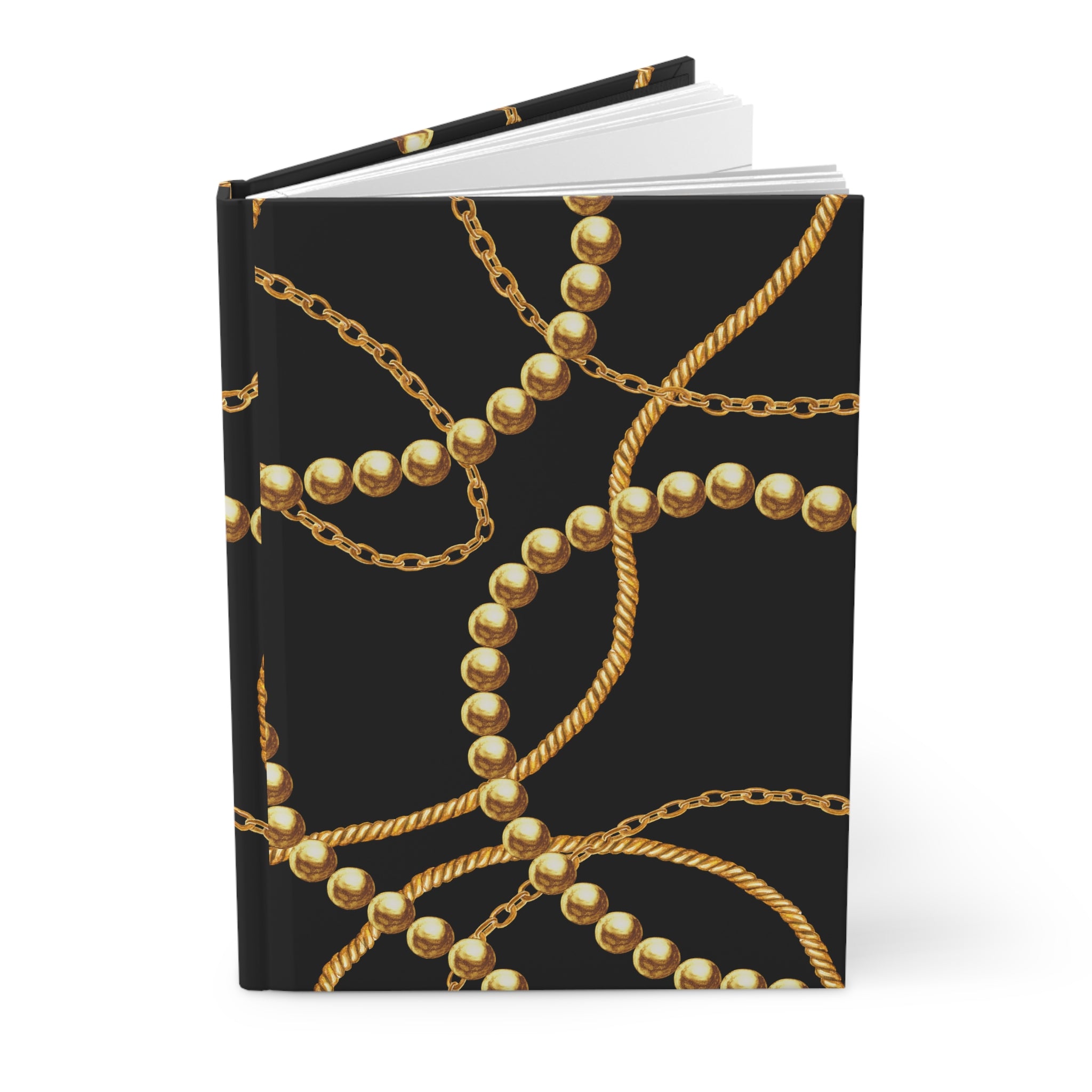A hardcover notebook with a black cover decorated with a repeating pattern of gold chains and pearl-like beads, shown on a clean white background.