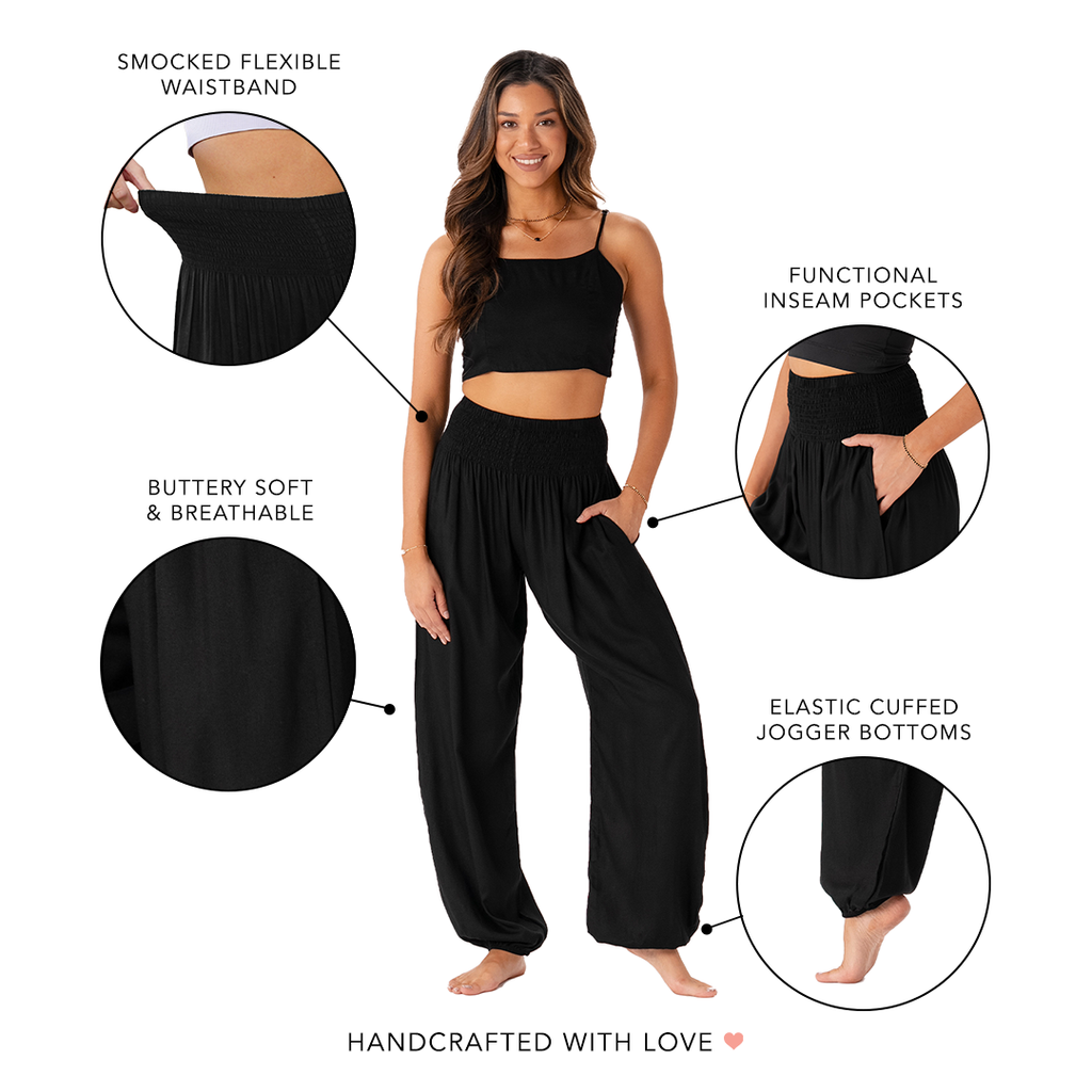 Woman wearing black pants with features highlighted on a white background