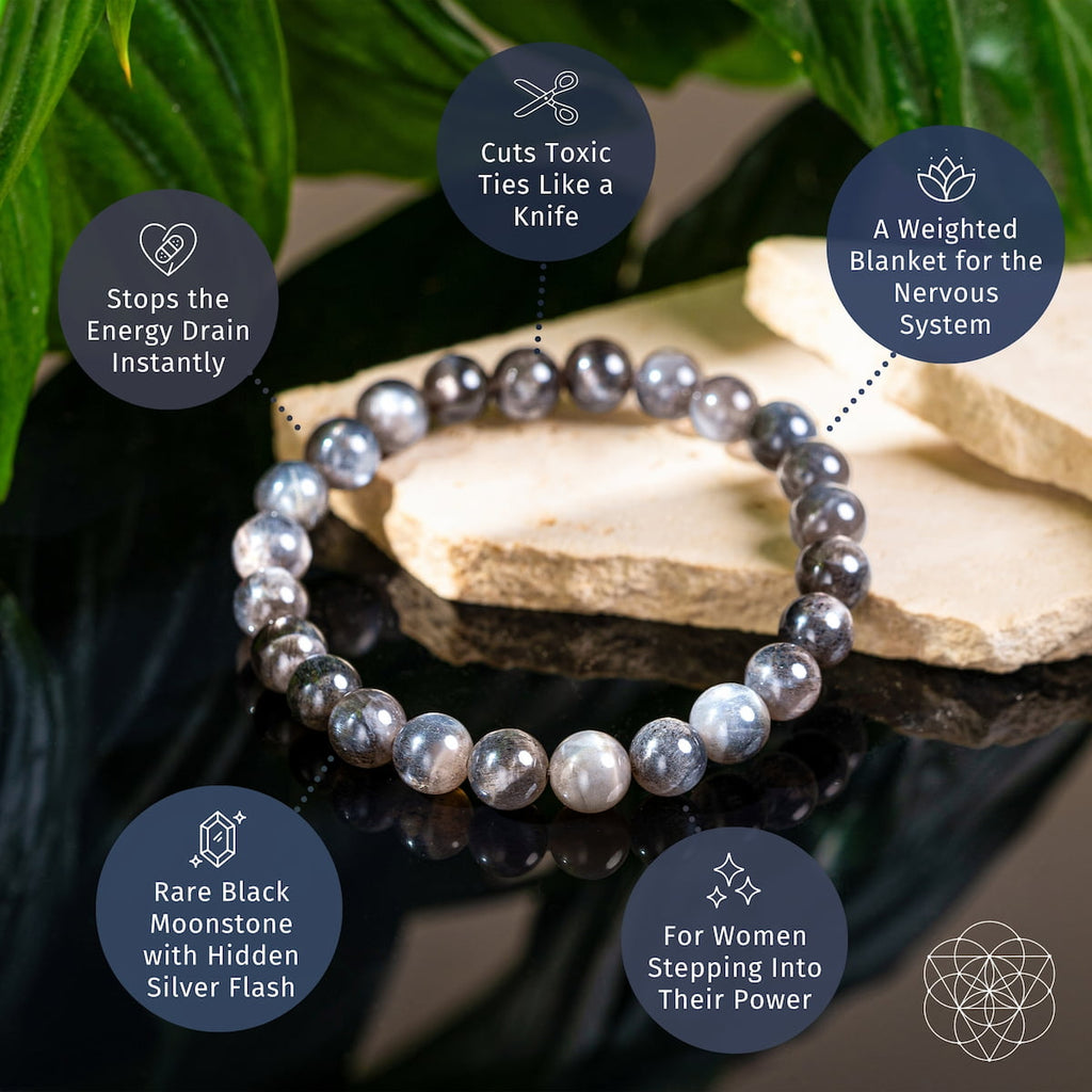 Pearl bracelet on a rock with surrounding greenery and feature text overlay.