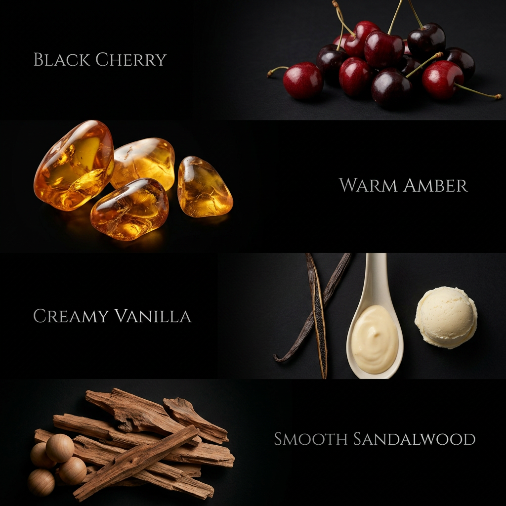 Collage of black cherry, warm amber, creamy vanilla, and smooth sandalwood with corresponding items.