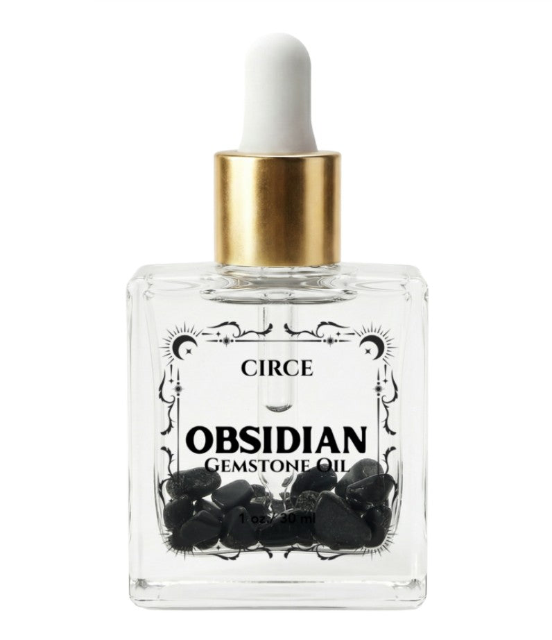Obsidian gemstone oil bottle with dropper labeled 'Circe' on a white background