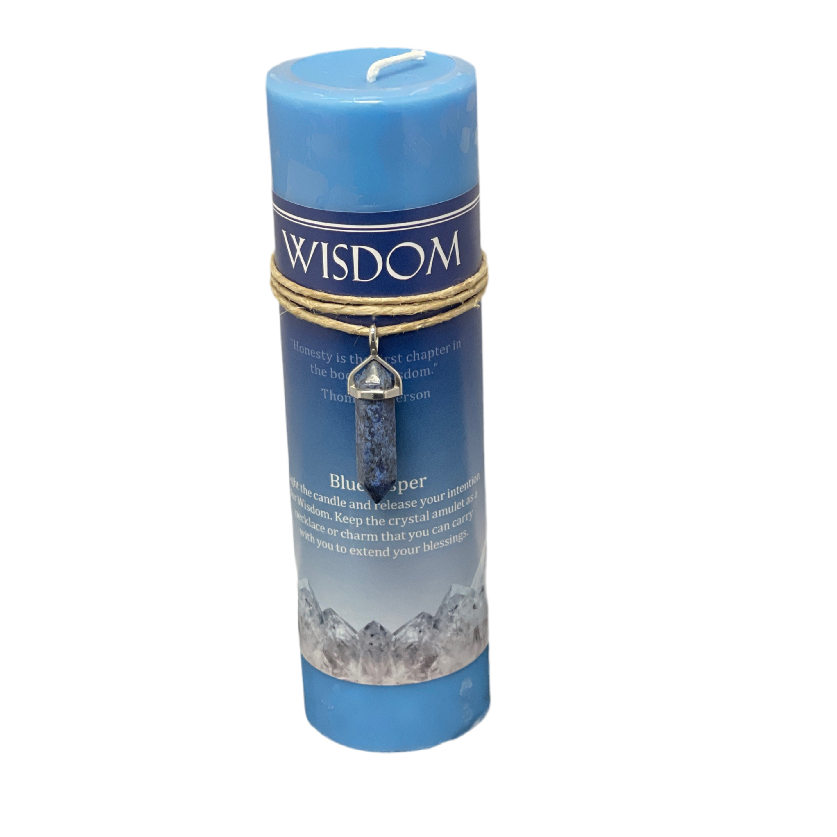 Blue candle with 'Wisdom' text on a white background
