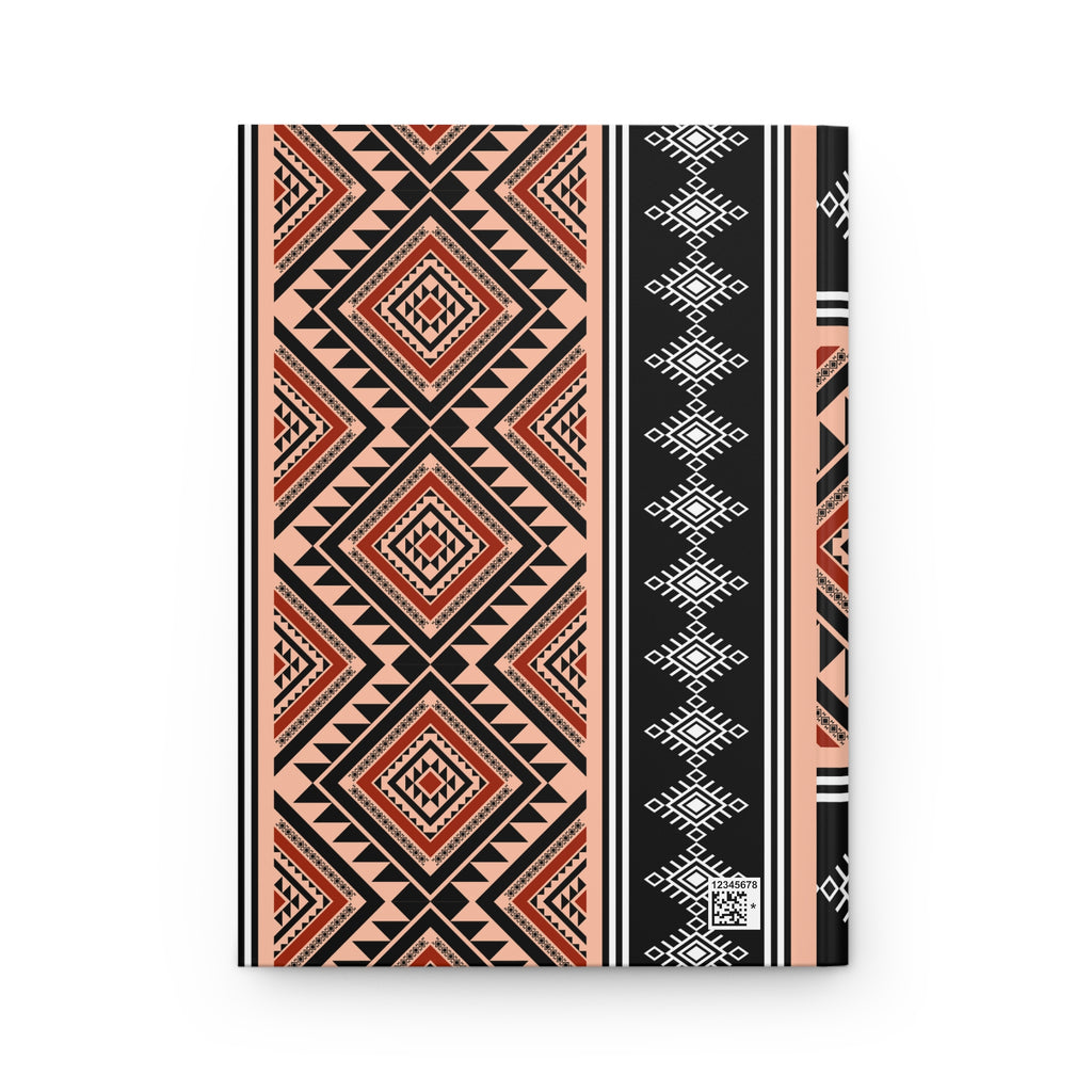 A hardcover notebook with a geometric Southwestern-style pattern in black, terracotta red, and peach, displayed on a clean white background.