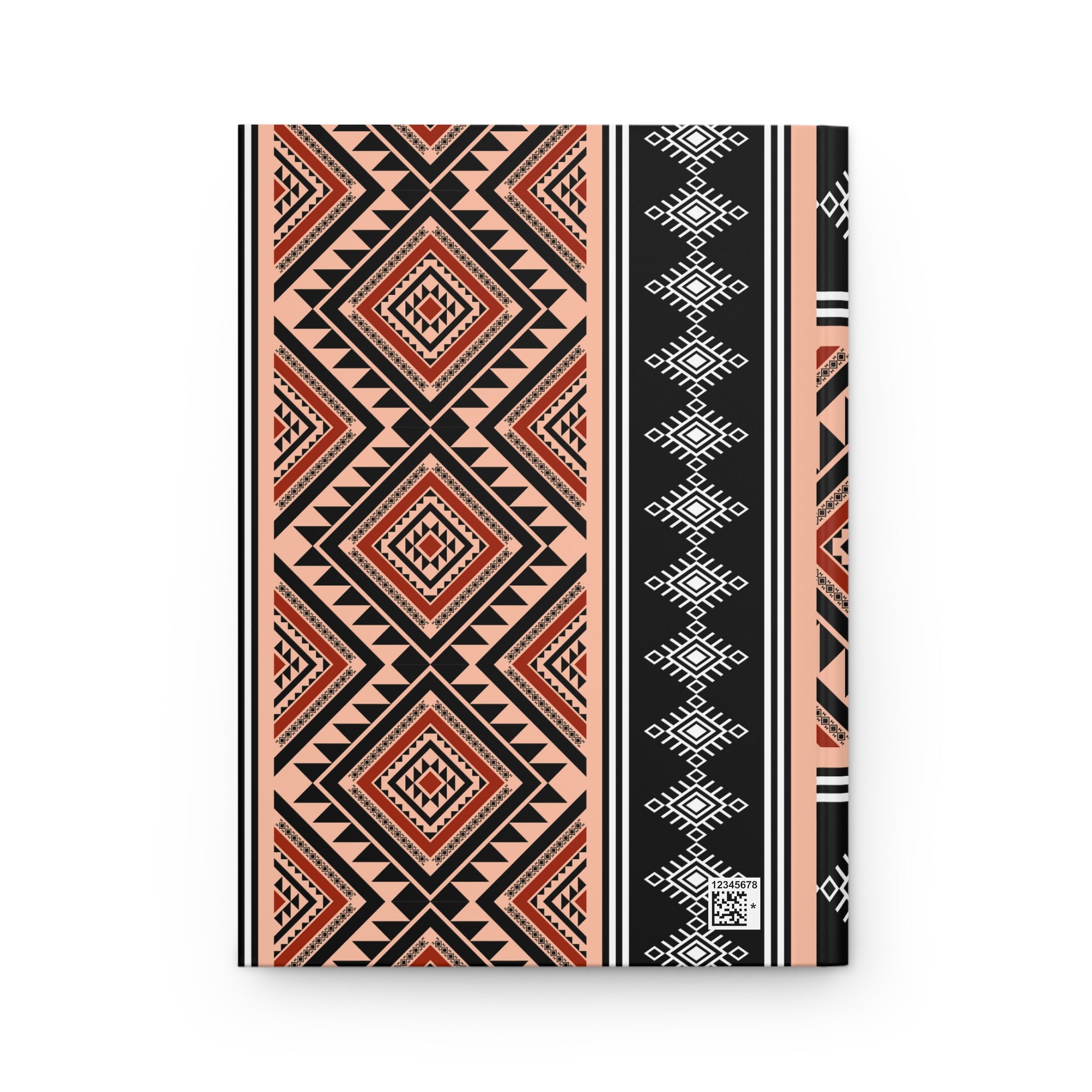 A hardcover notebook with a geometric Southwestern-style pattern in black, terracotta red, and peach, displayed on a clean white background.