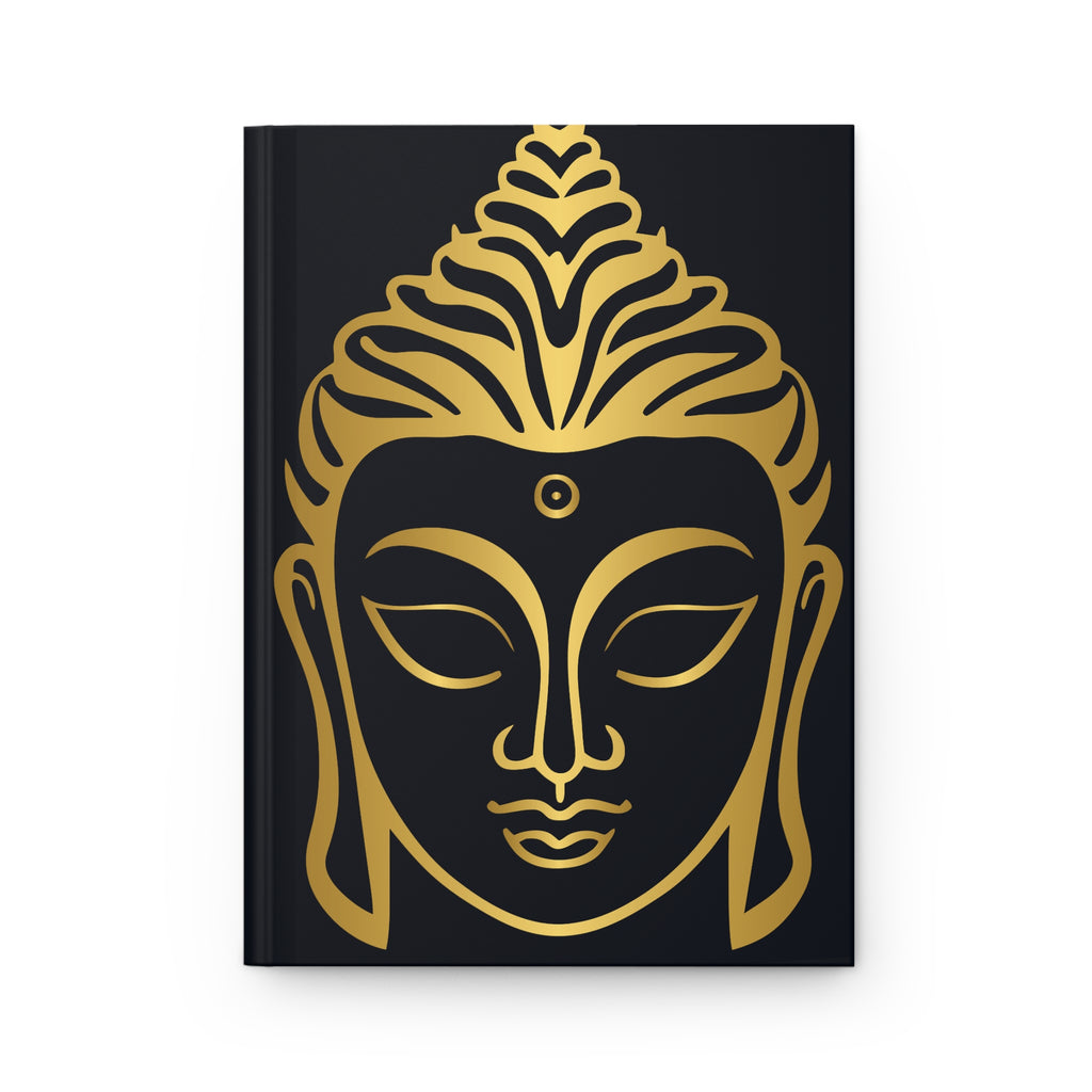 A hardcover notebook with a black cover featuring a prominent gold line-art illustration of Buddha's face, shown against a plain white background.