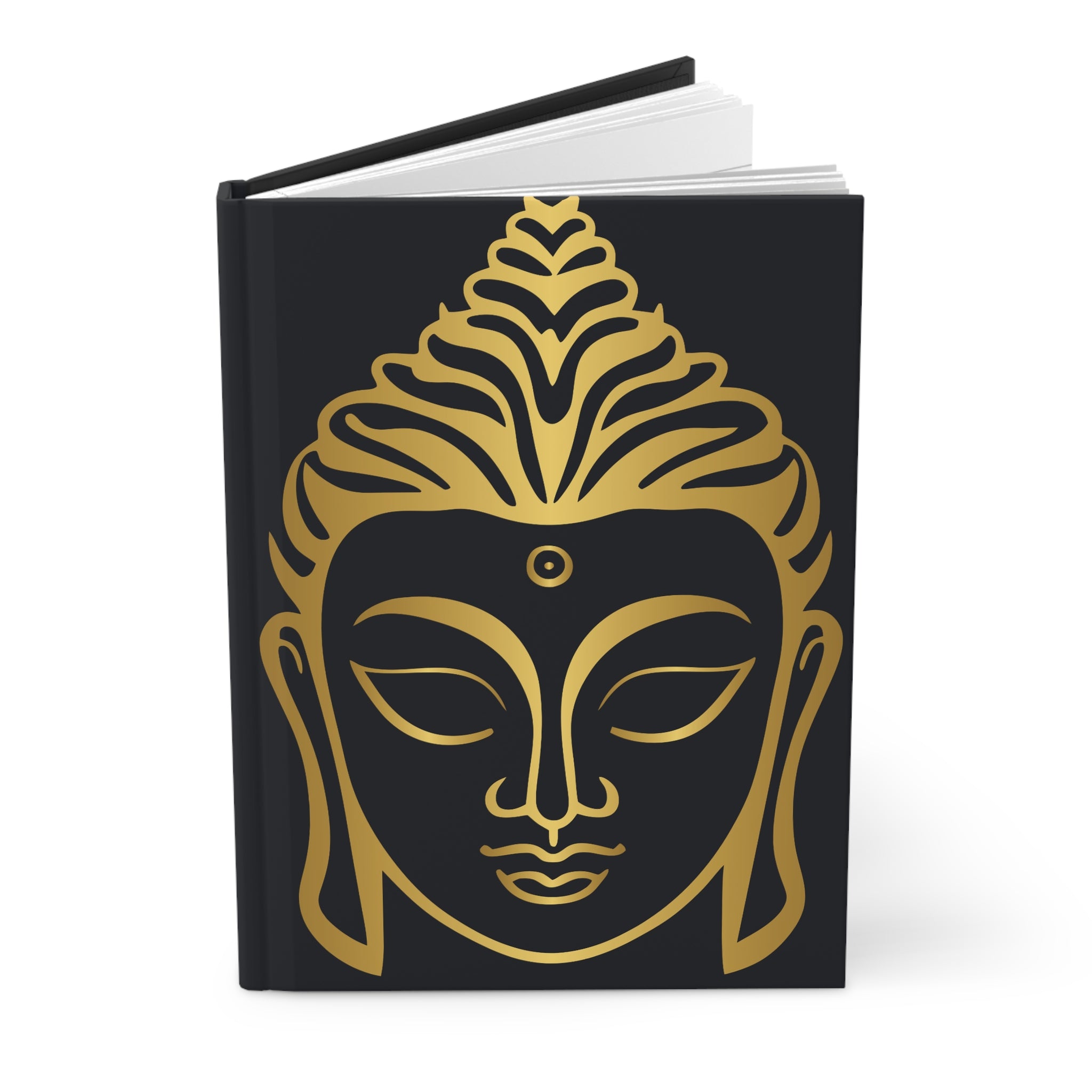 A hardcover notebook with a black cover featuring a large gold Buddha face design, shown standing upright on a white background.