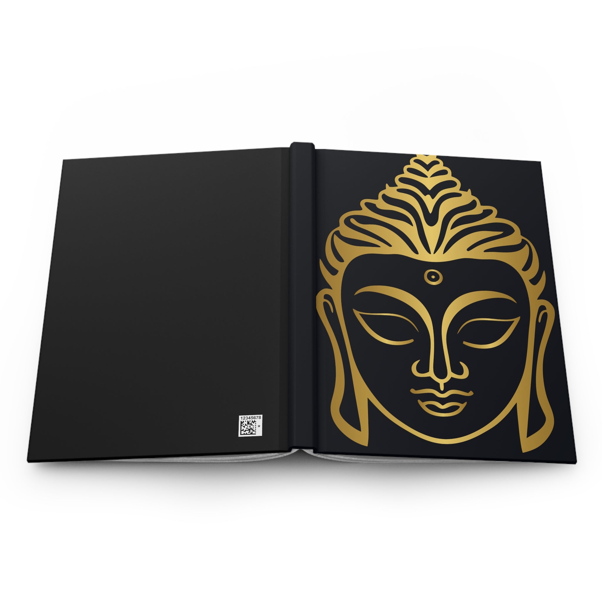 A black hardcover book or journal shown open, featuring a large gold Buddha face illustration on the right page and a small square logo near the bottom left of the left page, set against a plain white background.