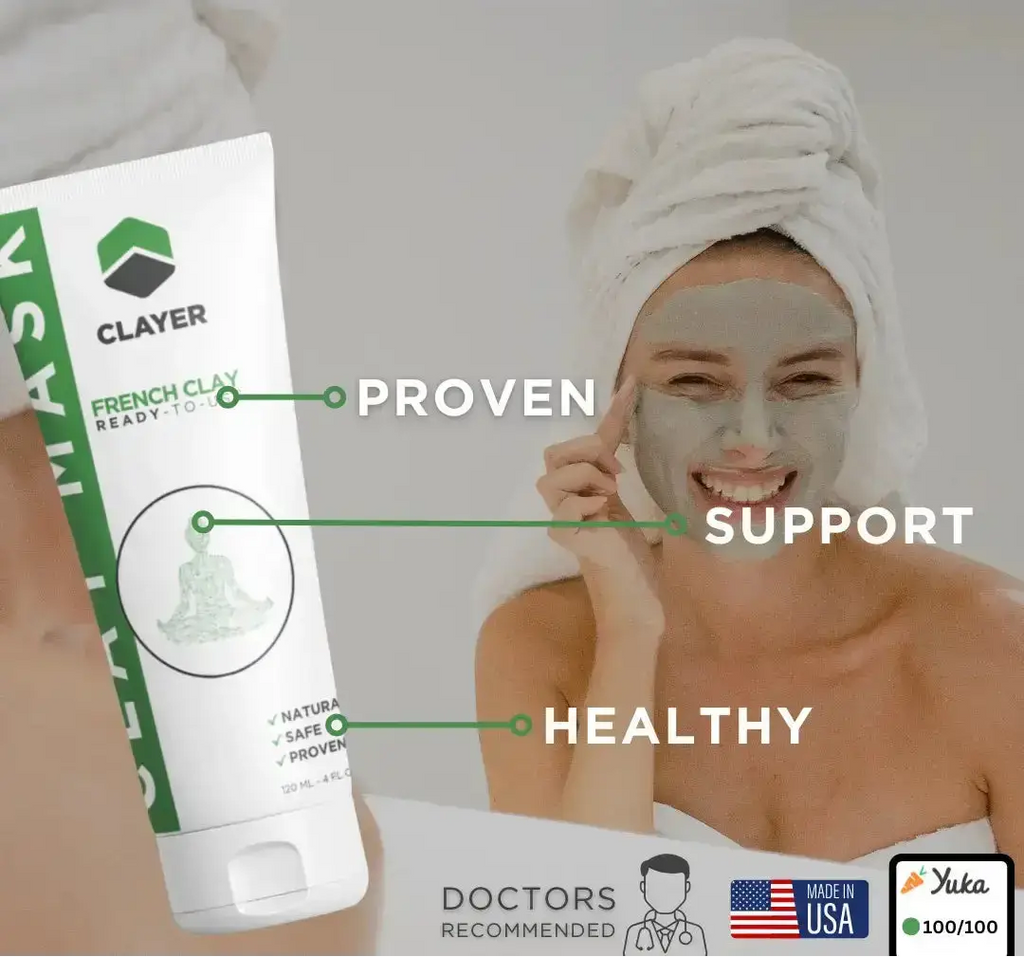 Woman applying a clay mask with Clayer product on the left