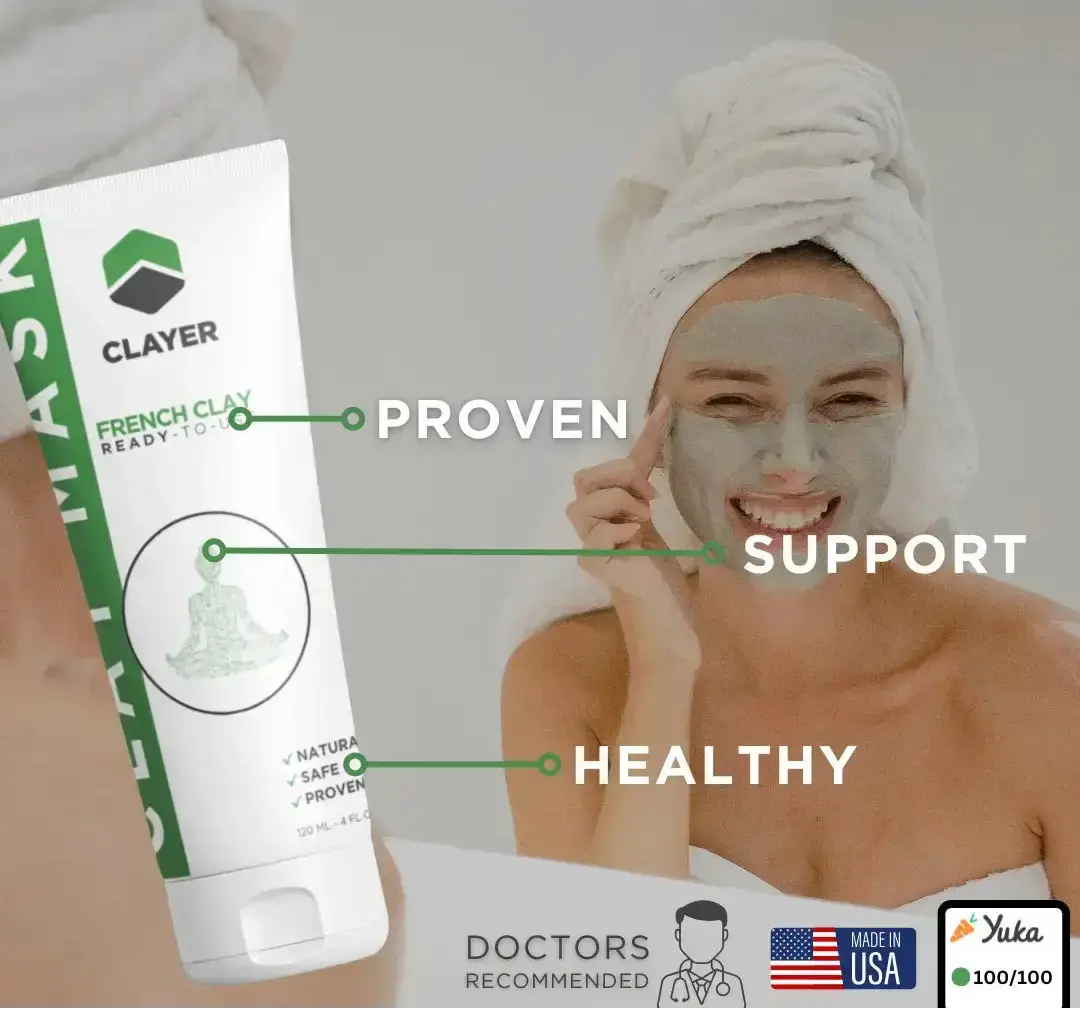 Woman applying a clay mask with Clayer product on the left