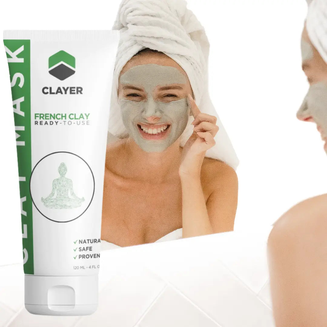 Clayer French Clay mask packaging with a woman applying the mask on her face.
