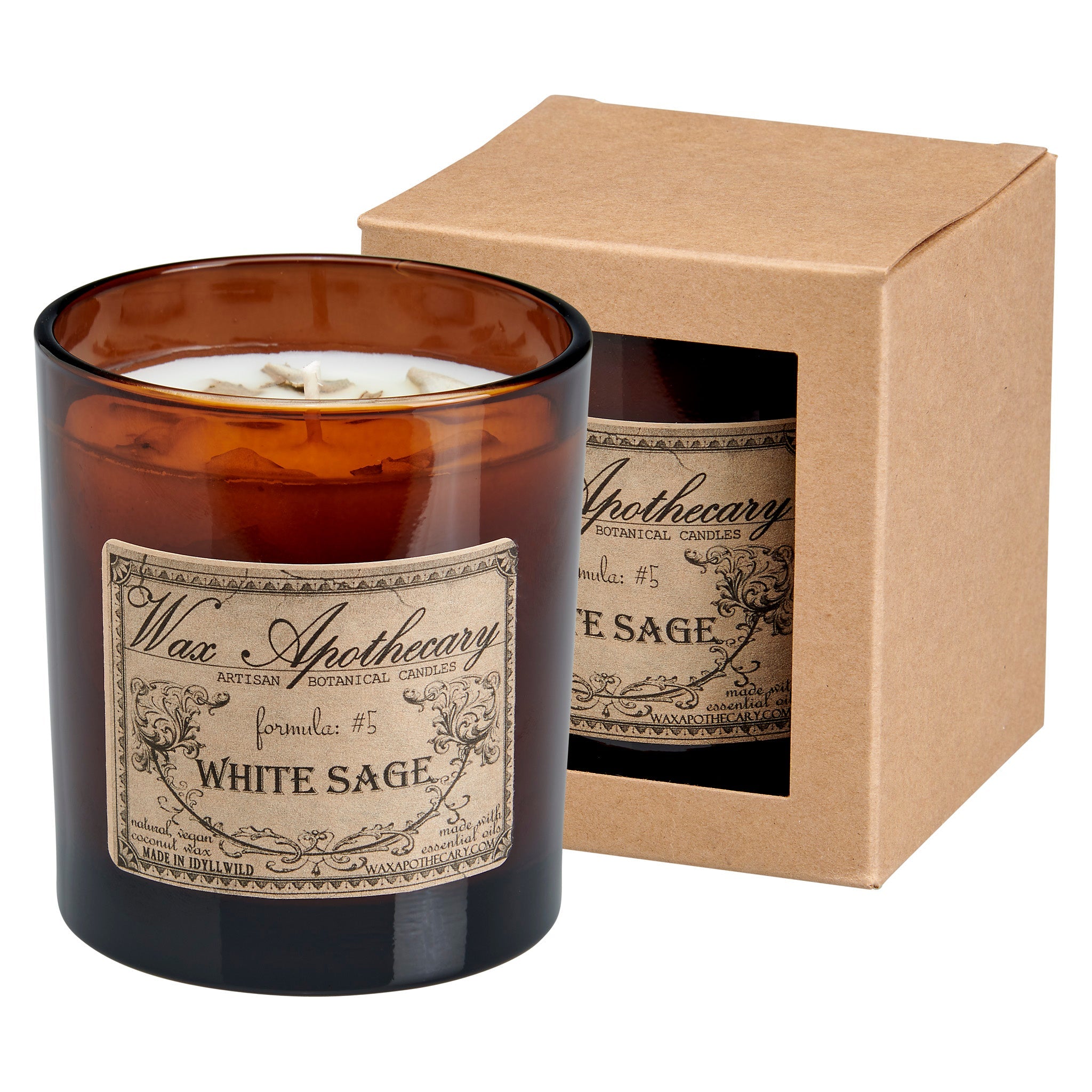 Wax Apothecary White Sage candle with packaging on a white background