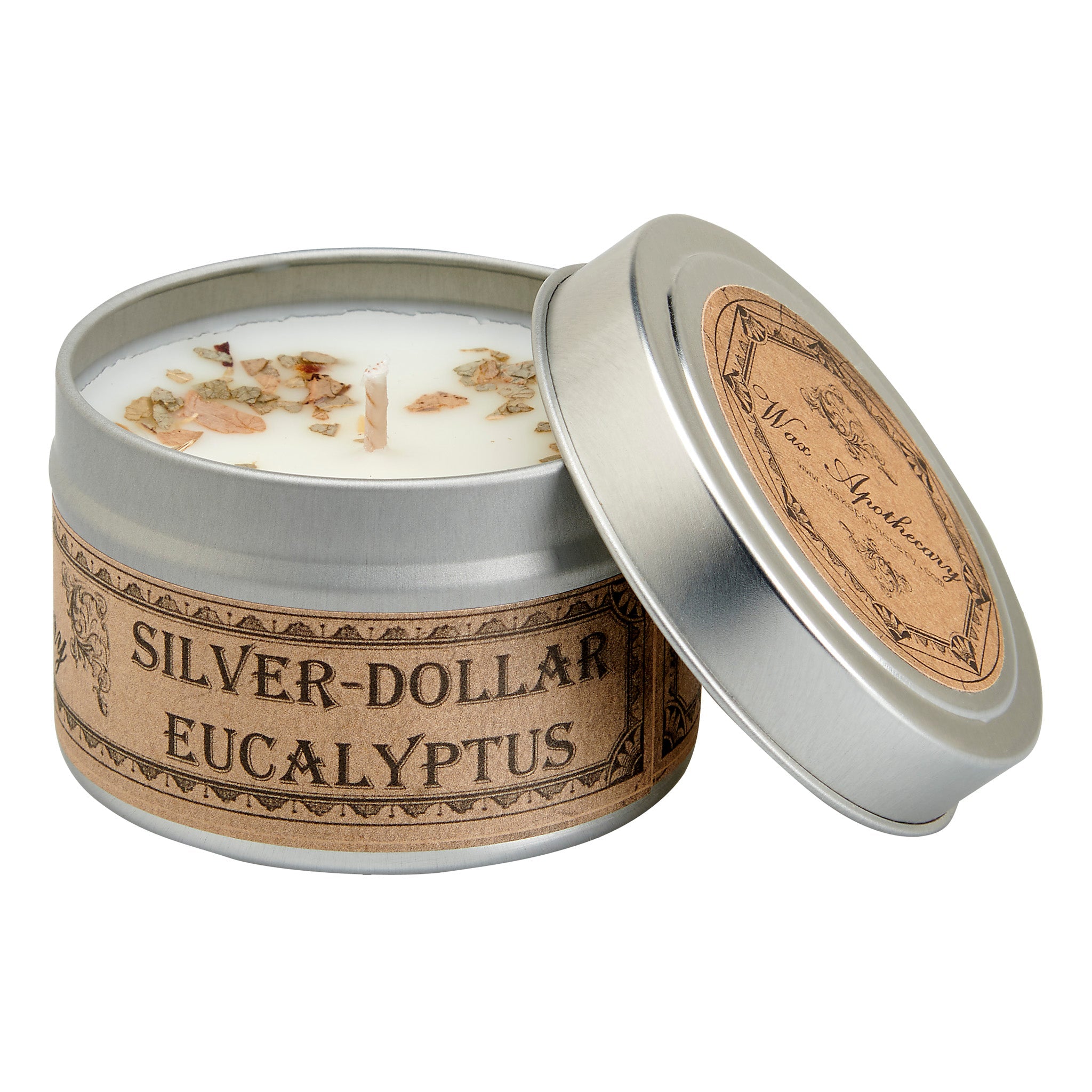 Silver-dollar eucalyptus candle in a tin with a decorative label on a white background