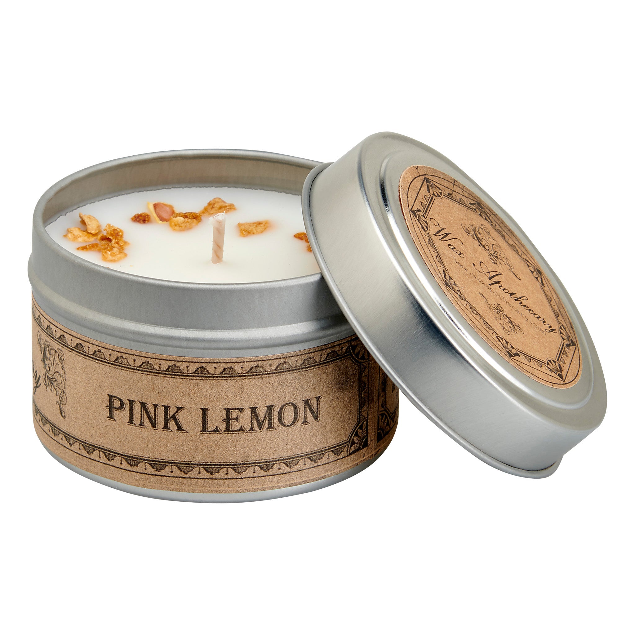 Pink Lemon candle in a tin with decorative label on a white background