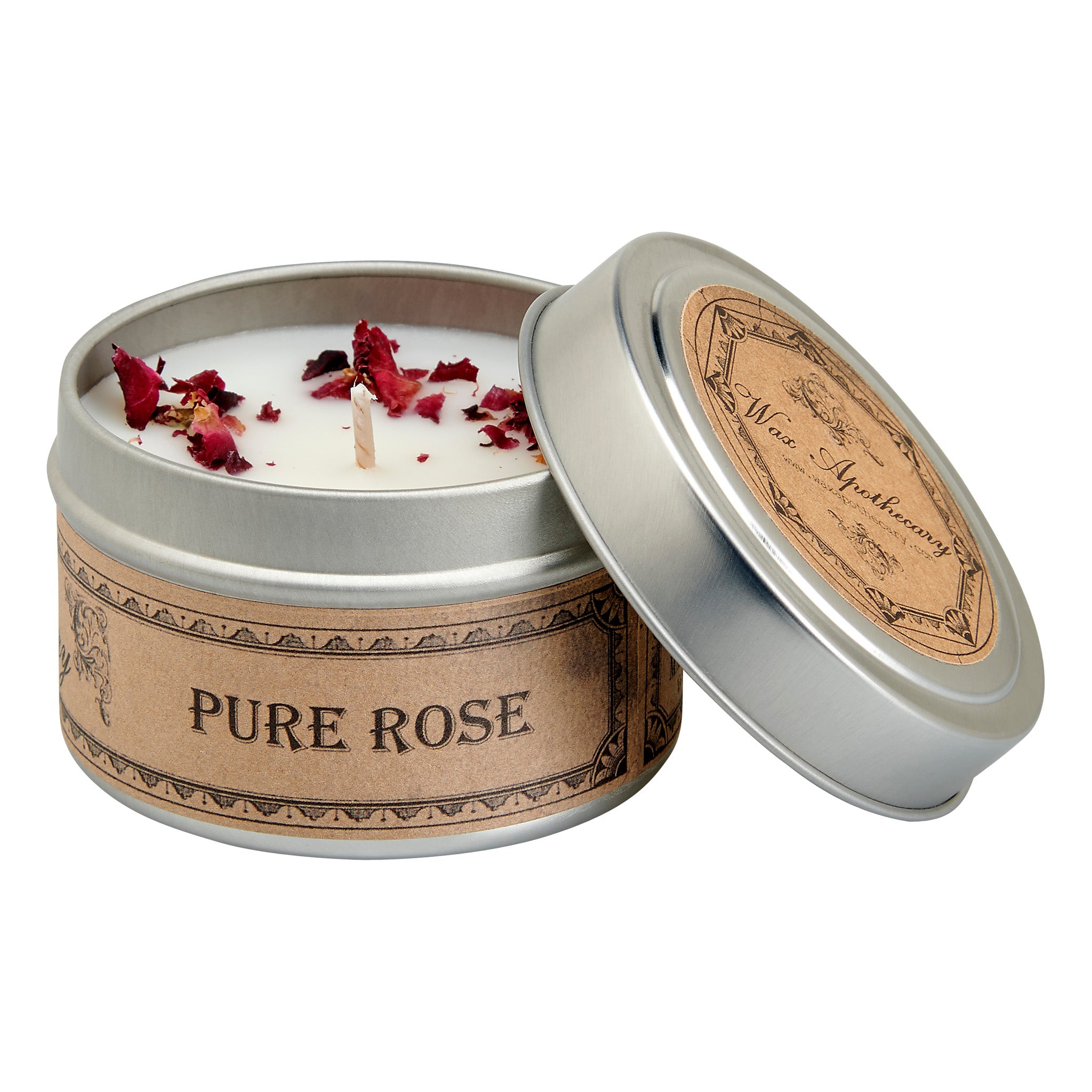Candle in a tin labeled 'Pure Rose' with rose petals on a white background