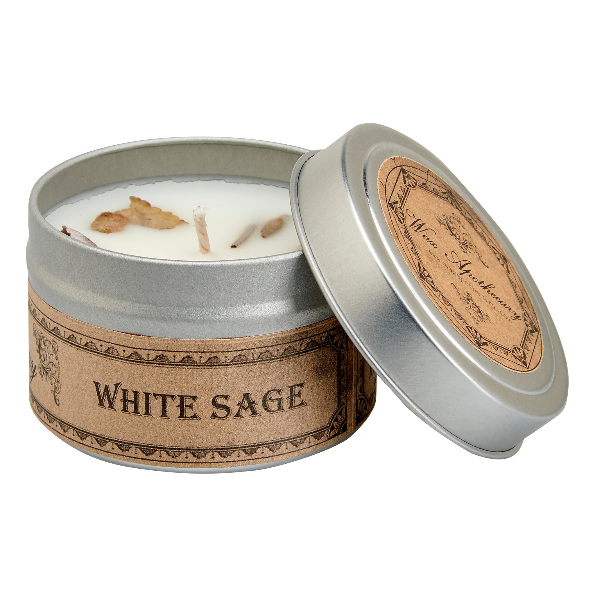 White Sage candle in a tin with a decorative label on a white background