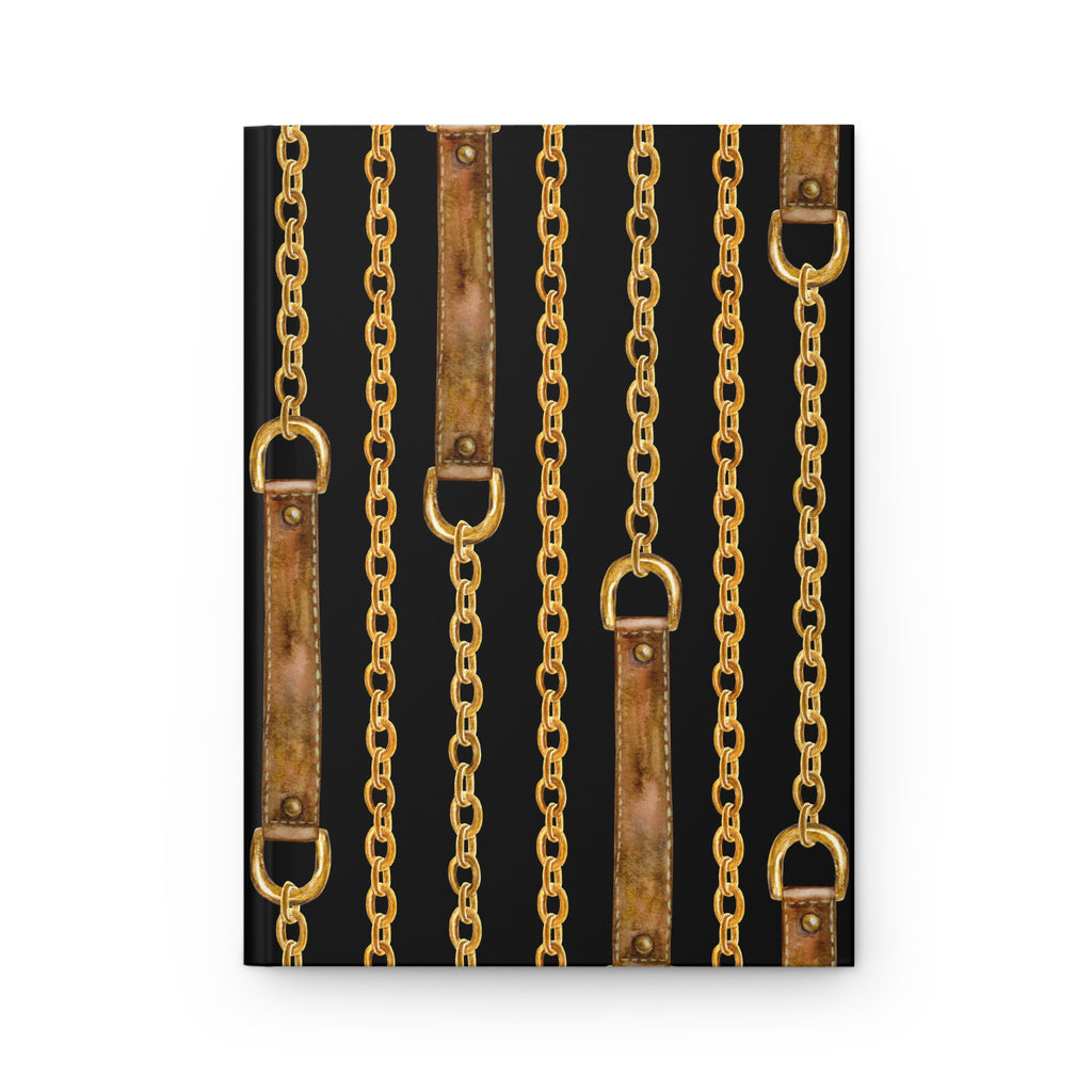 A rectangular canvas print featuring a repeating pattern of vertical gold chains and distressed brown leather straps on a black background, shown against a plain white studio backdrop.
