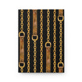 A rectangular canvas print featuring a repeating pattern of vertical gold chains and distressed brown leather straps on a black background, shown against a plain white studio backdrop.