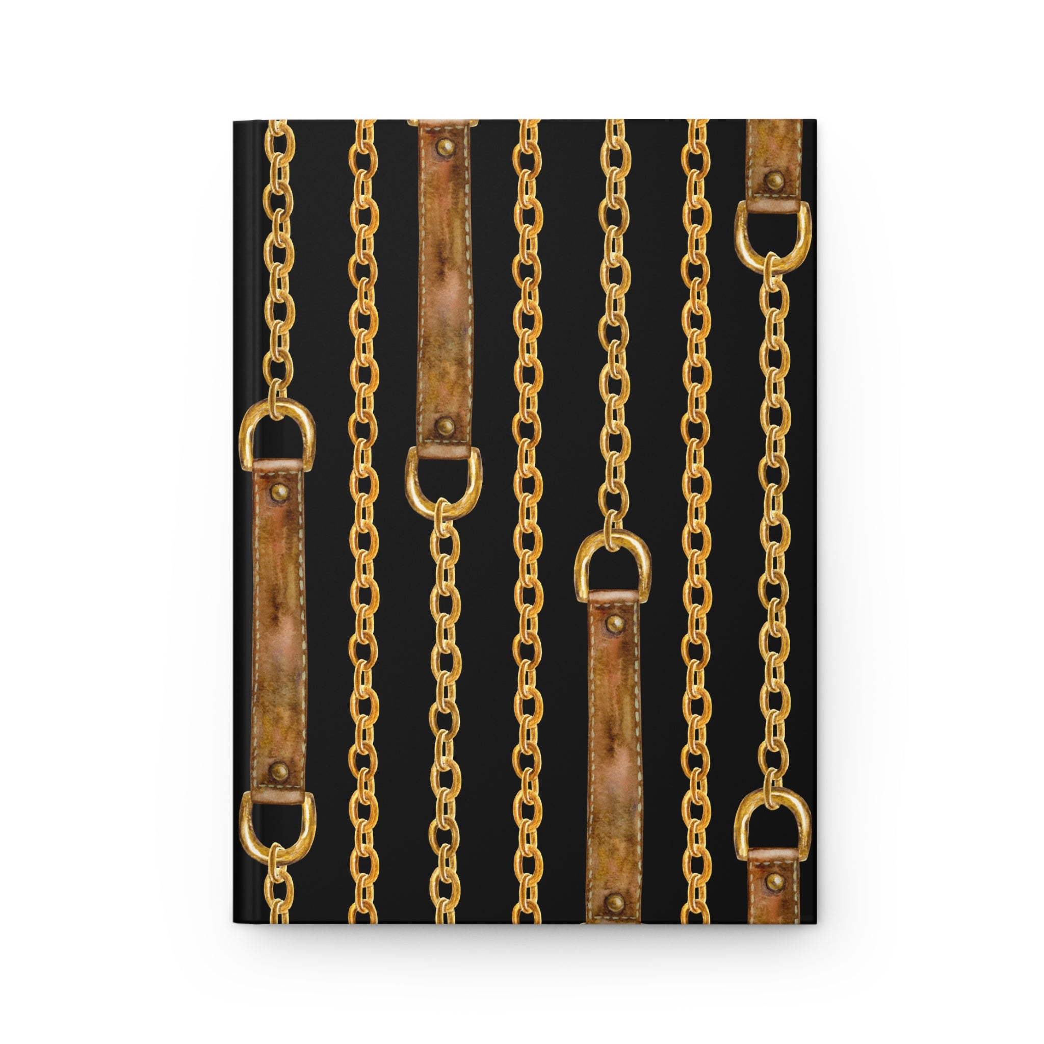 A rectangular canvas print featuring a repeating pattern of vertical gold chains and distressed brown leather straps on a black background, shown against a plain white studio backdrop.