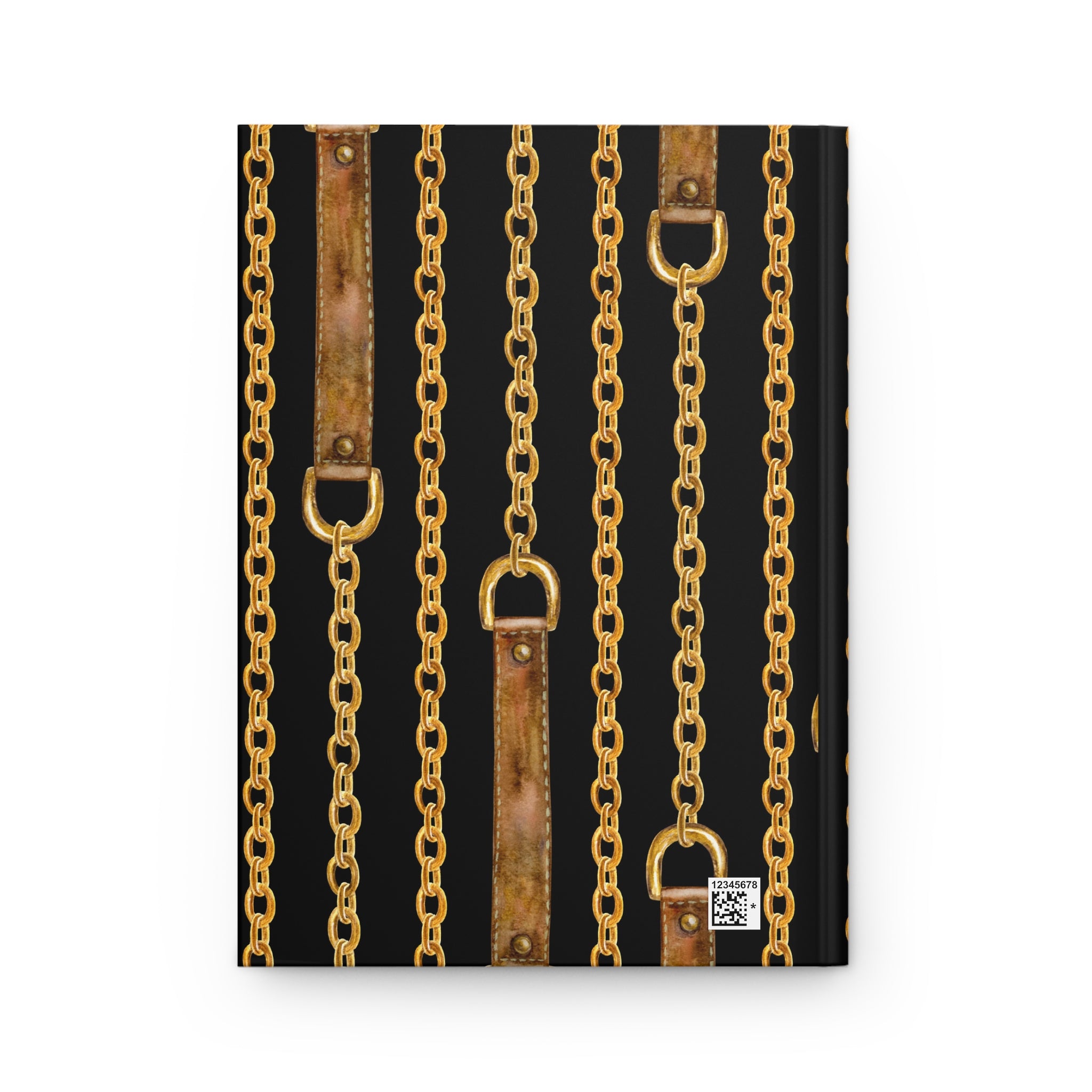 A hardcover notebook or journal featuring a repeating pattern of vertical gold chains and distressed brown leather straps on a black cover, shown against a plain white background.