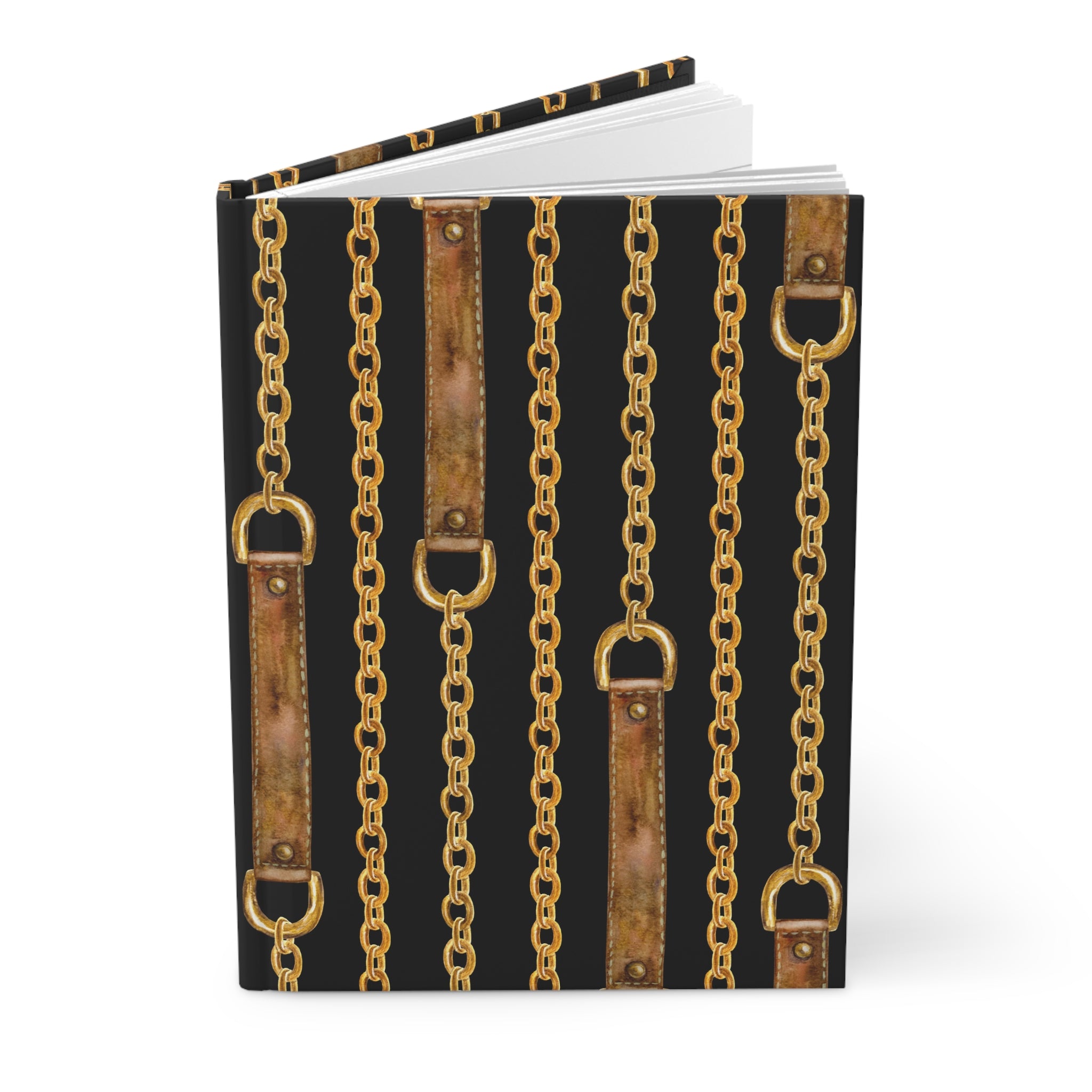 A hardcover notebook or journal standing upright on a white background, featuring a black cover printed with vertical gold chains and distressed brown leather strap motifs.