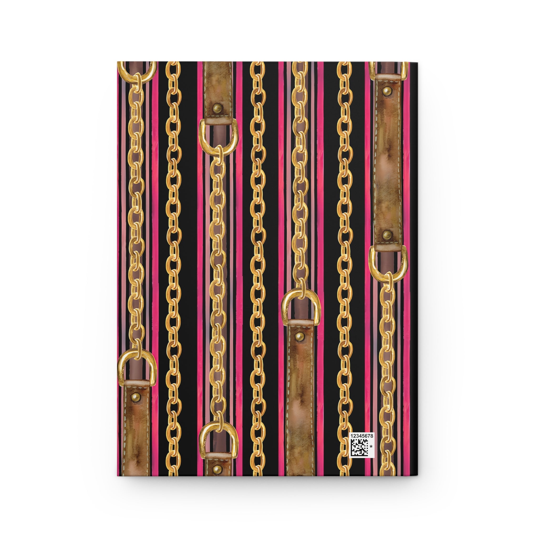 A rectangular canvas print featuring a vertical pattern of gold metal chains, brown leather straps, and pink and black stripes, shown against a plain white background.