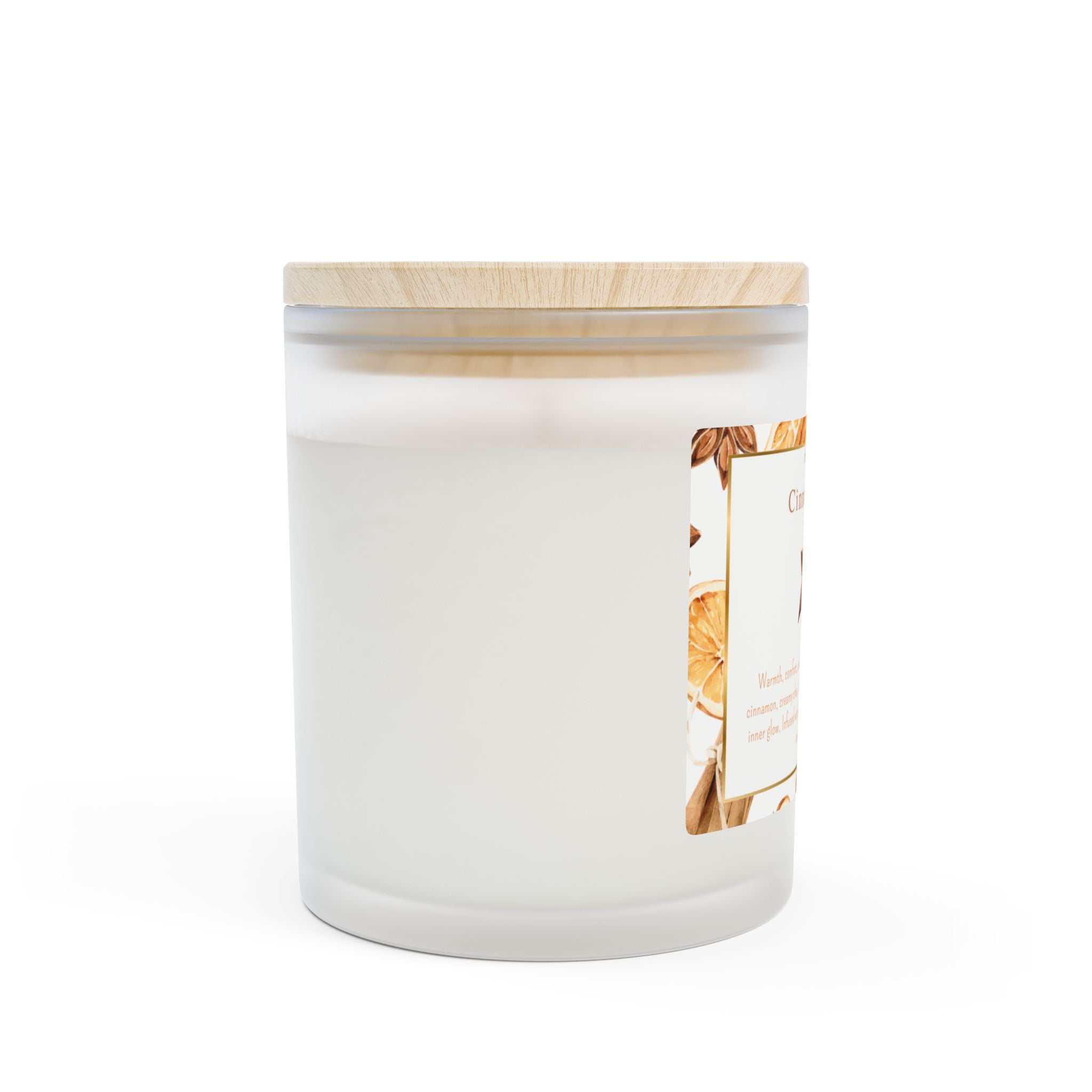 White candle with a wooden lid and floral design on a white background