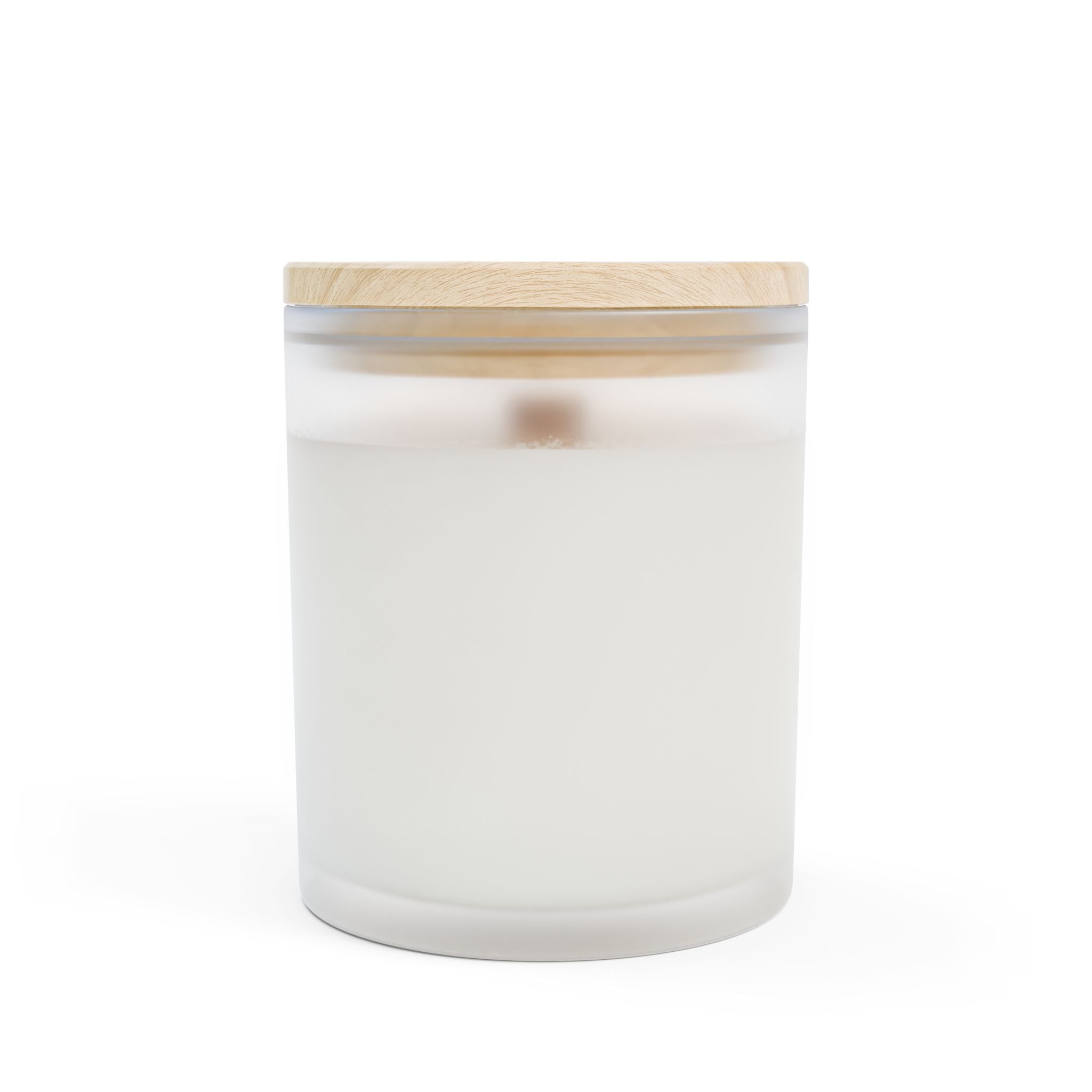 White candle in a glass jar with a wooden lid on a white background