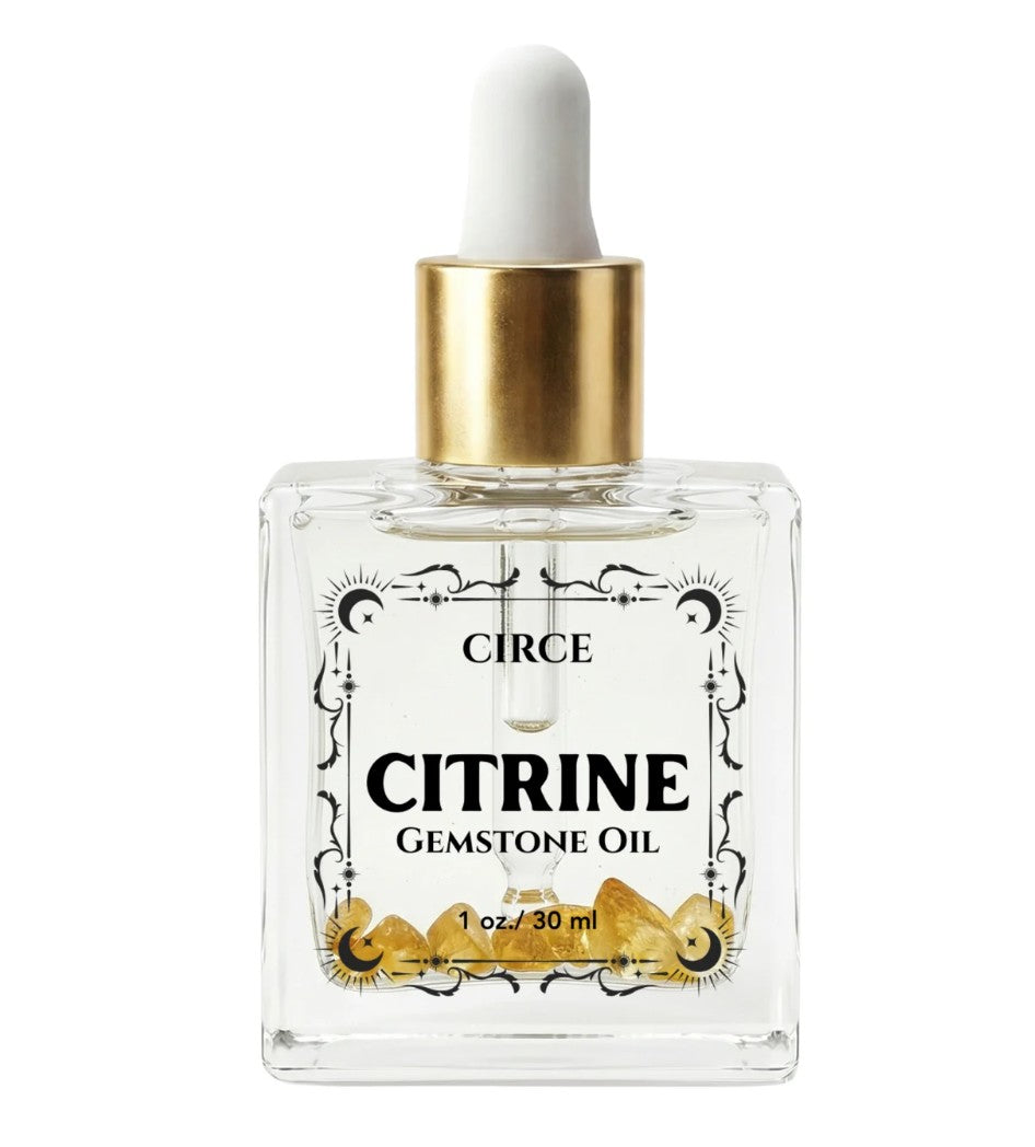 Circe Citrine gemstone oil bottle on a white background