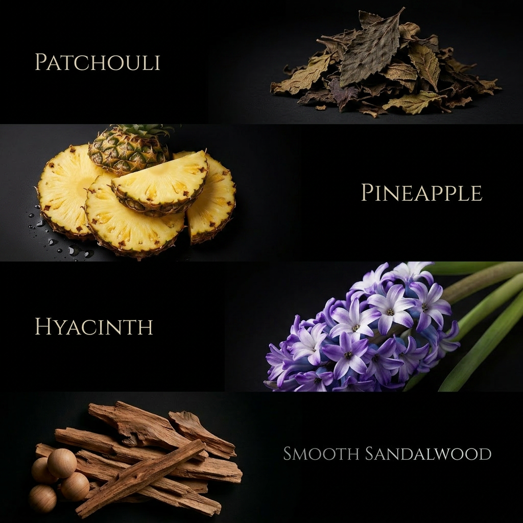 Collage of different scents with labels including patchouli, pineapple, hyacinth, and smooth sandalwood.