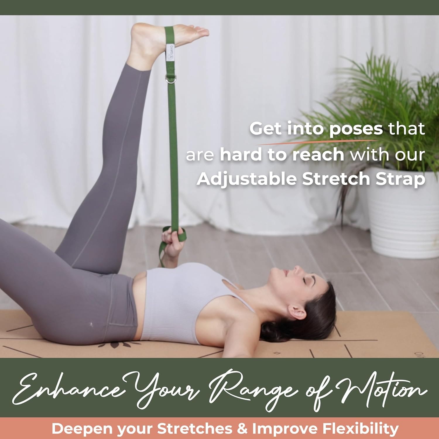 Person lying on a mat using an adjustable stretch strap with text promoting its use.