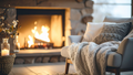 A cozy living room scene with a light gray armchair draped in a chunky knit cream throw blanket, accented by a textured gray pillow, set against a warm stone fireplace with a glowing fire.