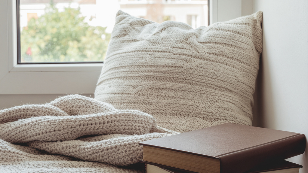 A cozy knit throw blanket and matching textured pillow in a warm cream color, styled on a bed next to a brown book in front of a window.