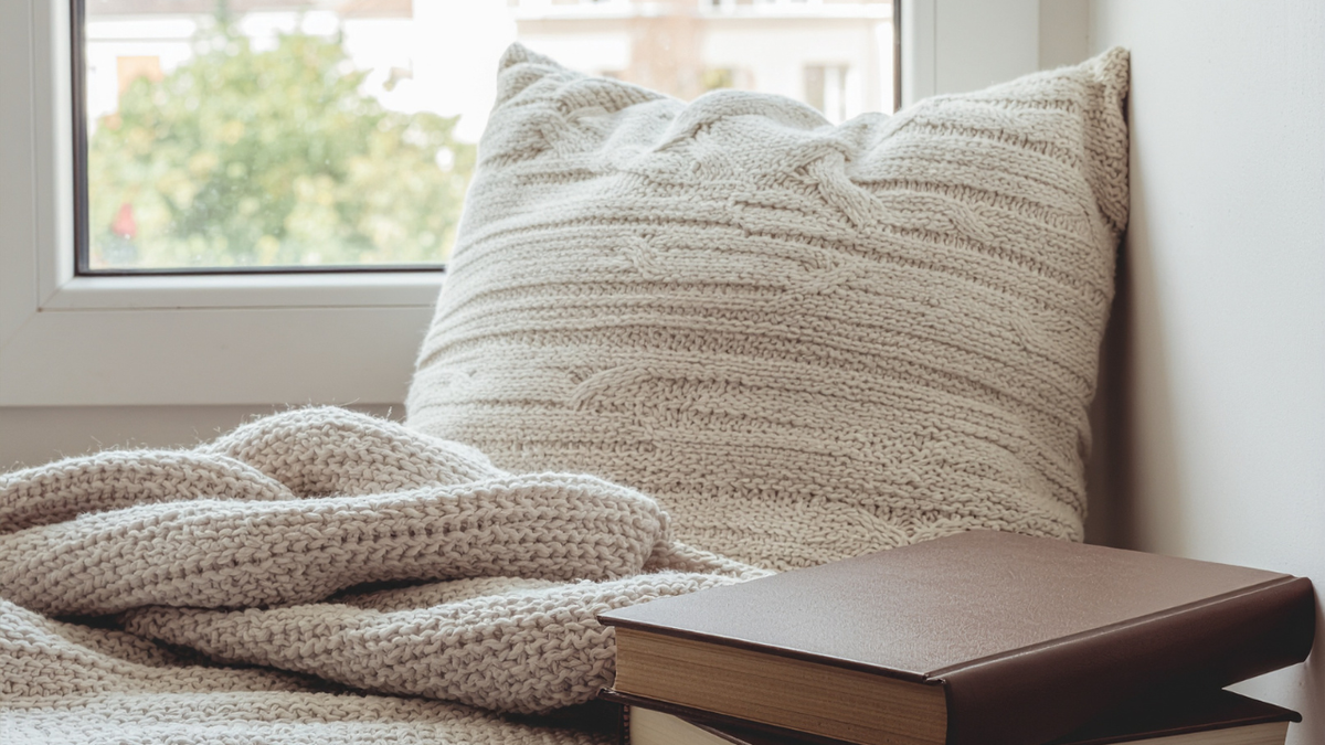 A cozy knit throw blanket and matching textured pillow in a warm cream color, styled on a bed next to a brown book in front of a window.