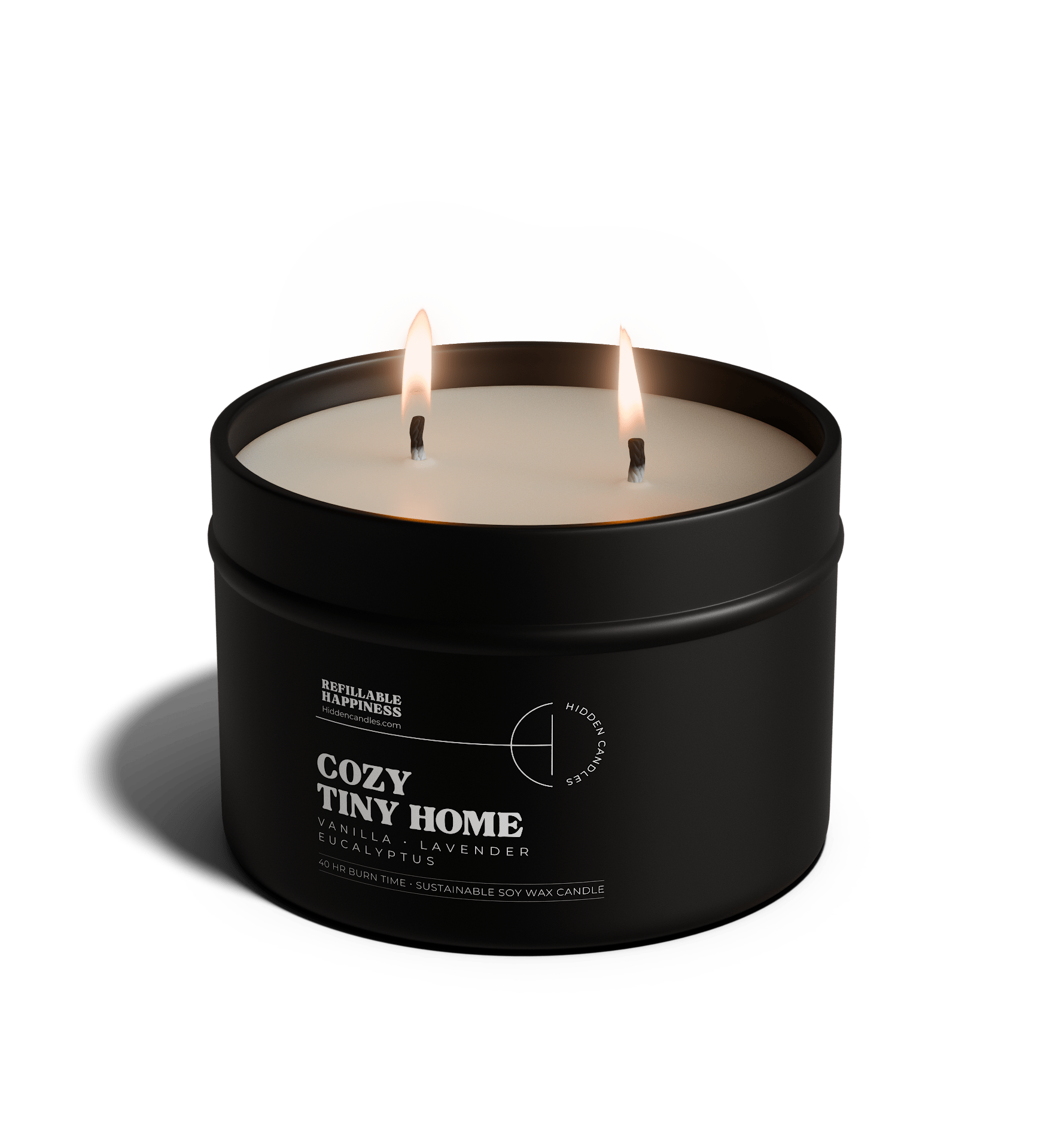 Black candle in a tin labeled 'Vineyard Estate' with a white lid on a transparent background