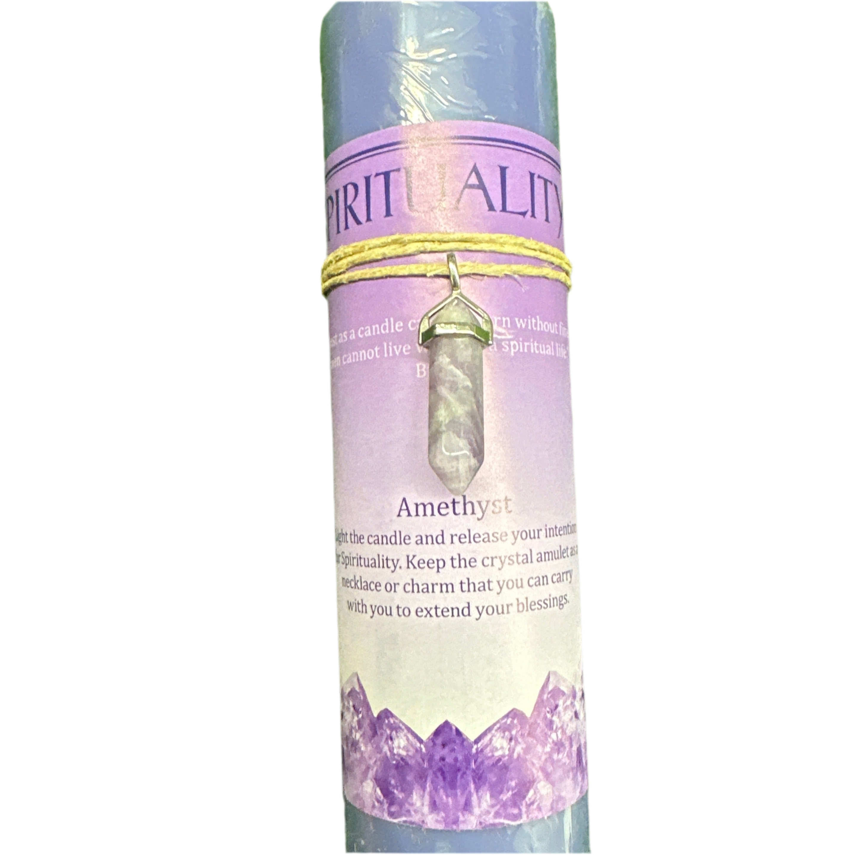 A rolled amethyst crystal candle packaging featuring a purple and lavender gradient design with a gold string tied around the middle holding a clear amethyst crystal.