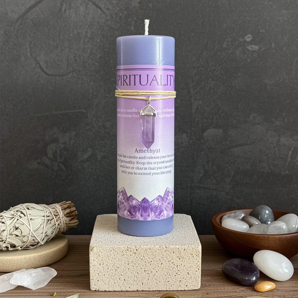 A lavender and purple amethyst pillar candle with spiritual text, displayed on a light stone block with a white sage, crystals, and a wooden bowl in the background.