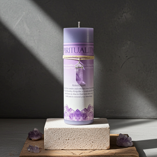 A lavender and white spiritual pillar candle labeled 'Amethyst' with a crystal design, displayed on a stone block with amethyst stones on a wooden surface against a gray textured wall.