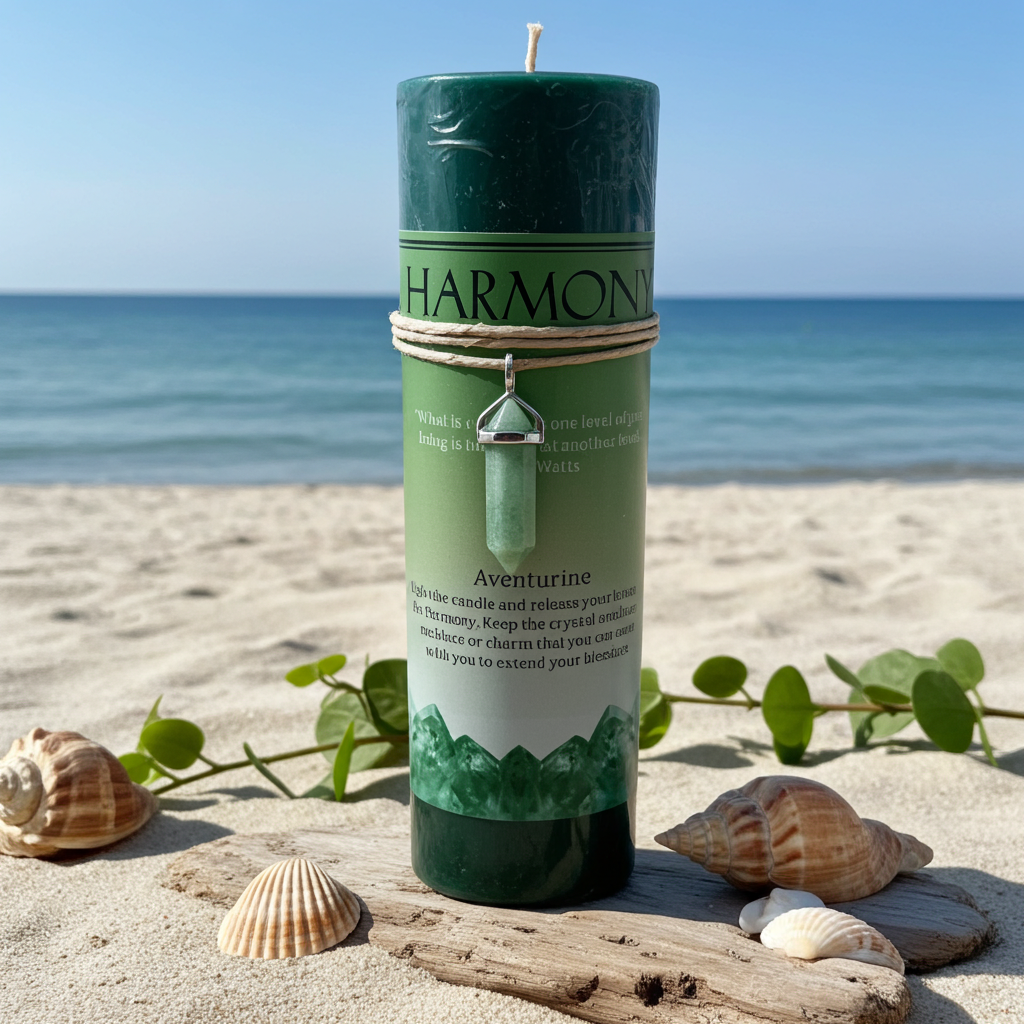 A green cylindrical candle labeled 'HARMONIA Aventurine' stands on a beach with sand, shells, driftwood, and blue ocean in the background. The candle has a rope-wrapped middle and a small hanging crystal charm.