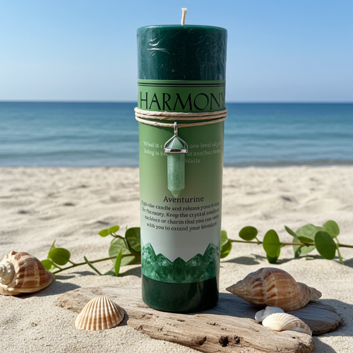 A green cylindrical candle labeled 'HARMONIA Aventurine' stands on a beach with sand, shells, driftwood, and blue ocean in the background. The candle has a rope-wrapped middle and a small hanging crystal charm.