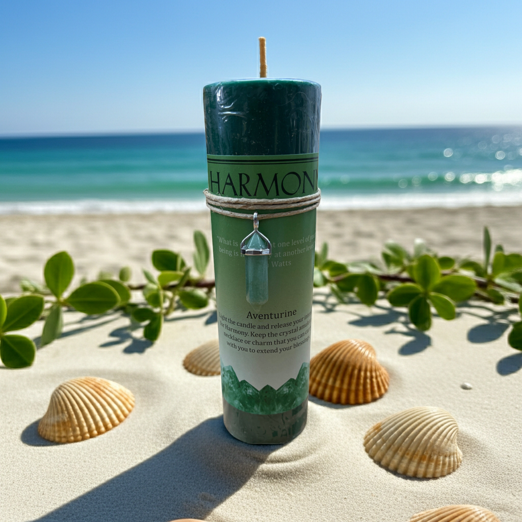 A dark teal green pillar candle labeled 'HARMON Aventurine' stands on a sandy beach with seashells and green leaves around it. The candle is wrapped in twine with a small blue-green crystal charm, and the ocean and blue sky are blurred in the background.